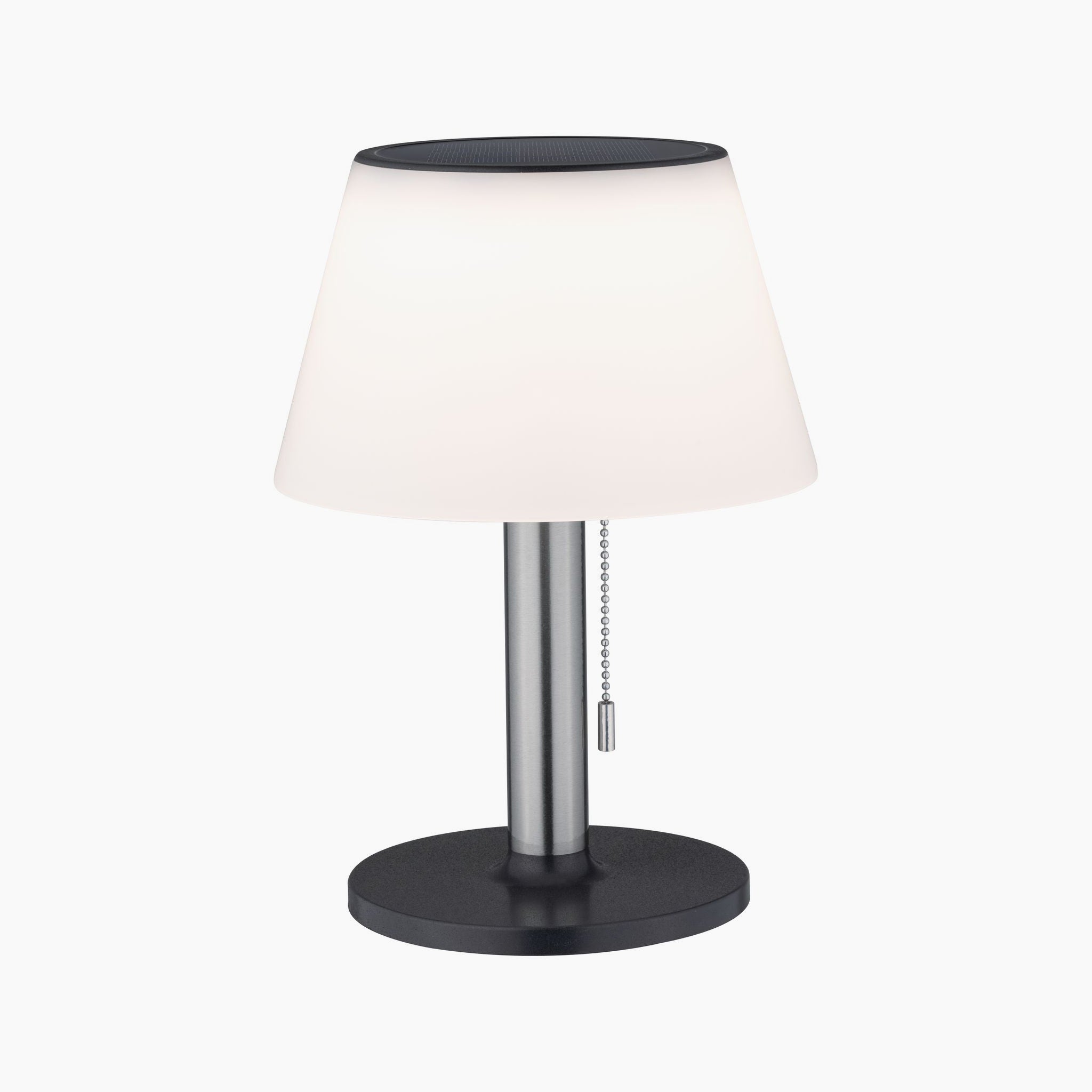 The Paulmann Outdoor Lillesol 0.8W LED Solar Table Lamp is a modern luminaire with a white shade, stainless steel stem, black base, and a pull chain switch offering 3-step dimming.