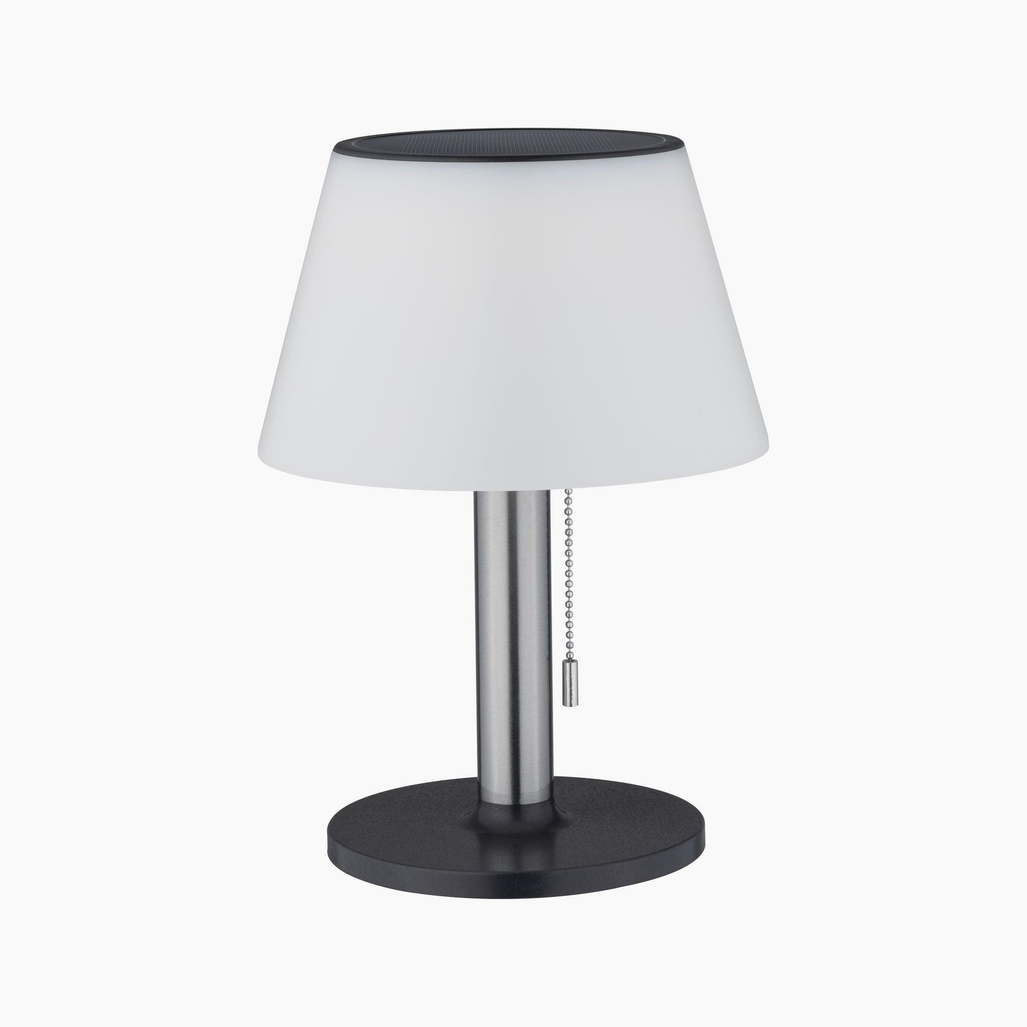 Introducing the Paulmann Outdoor Lillesol 0.8W LED Solar Table Lamp, featuring a modern design with a sleek black base, metal stand, white lampshade, and practical pull chain switch. This stylish luminaire effortlessly enhances any outdoor setting.