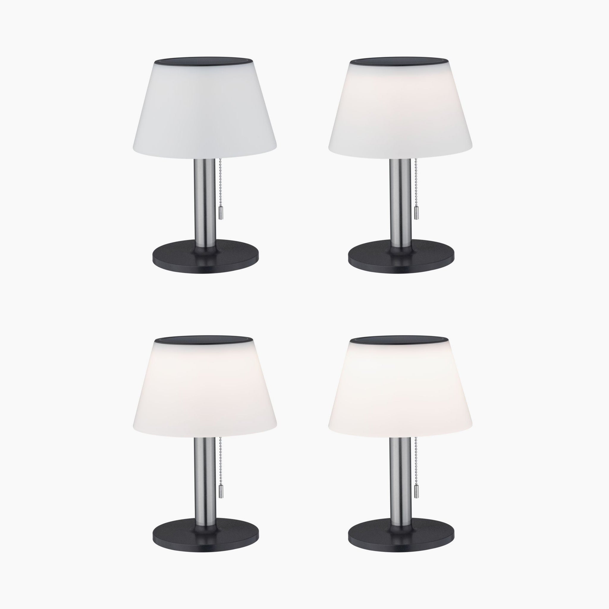 Four identical Paulmann Outdoor Lillesol 0.8W LED solar table lamps with stainless steel bases and white shades, arranged in a 2x2 grid on a white background.