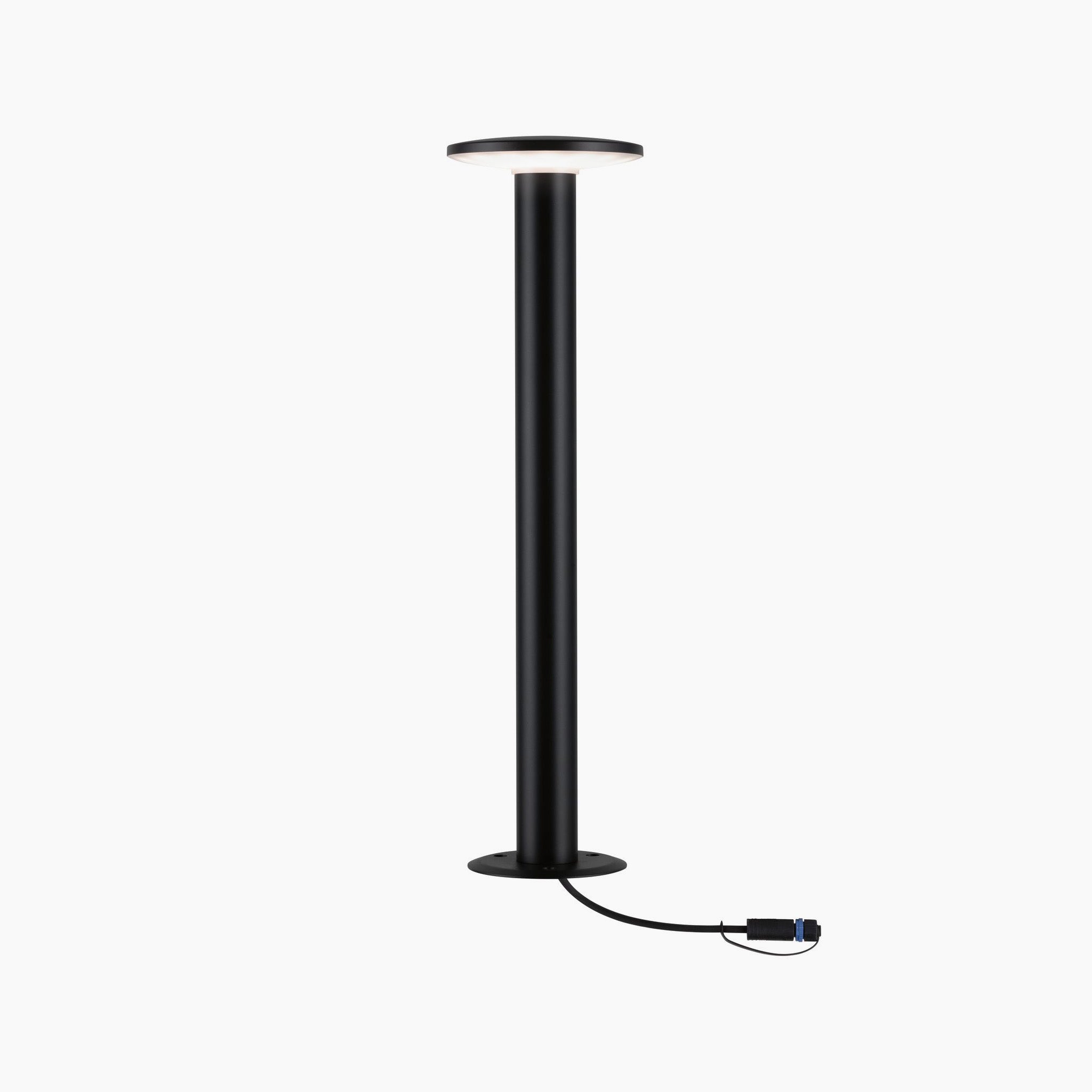 Anthracite outdoor LED bollard light with a cylindrical design, offering high lumen output and a visible power cord for enhanced brightness, known as the Paulmann - Plug & Shine Outdoor Plate 6.1W LED Single Bollard Warm White Light.