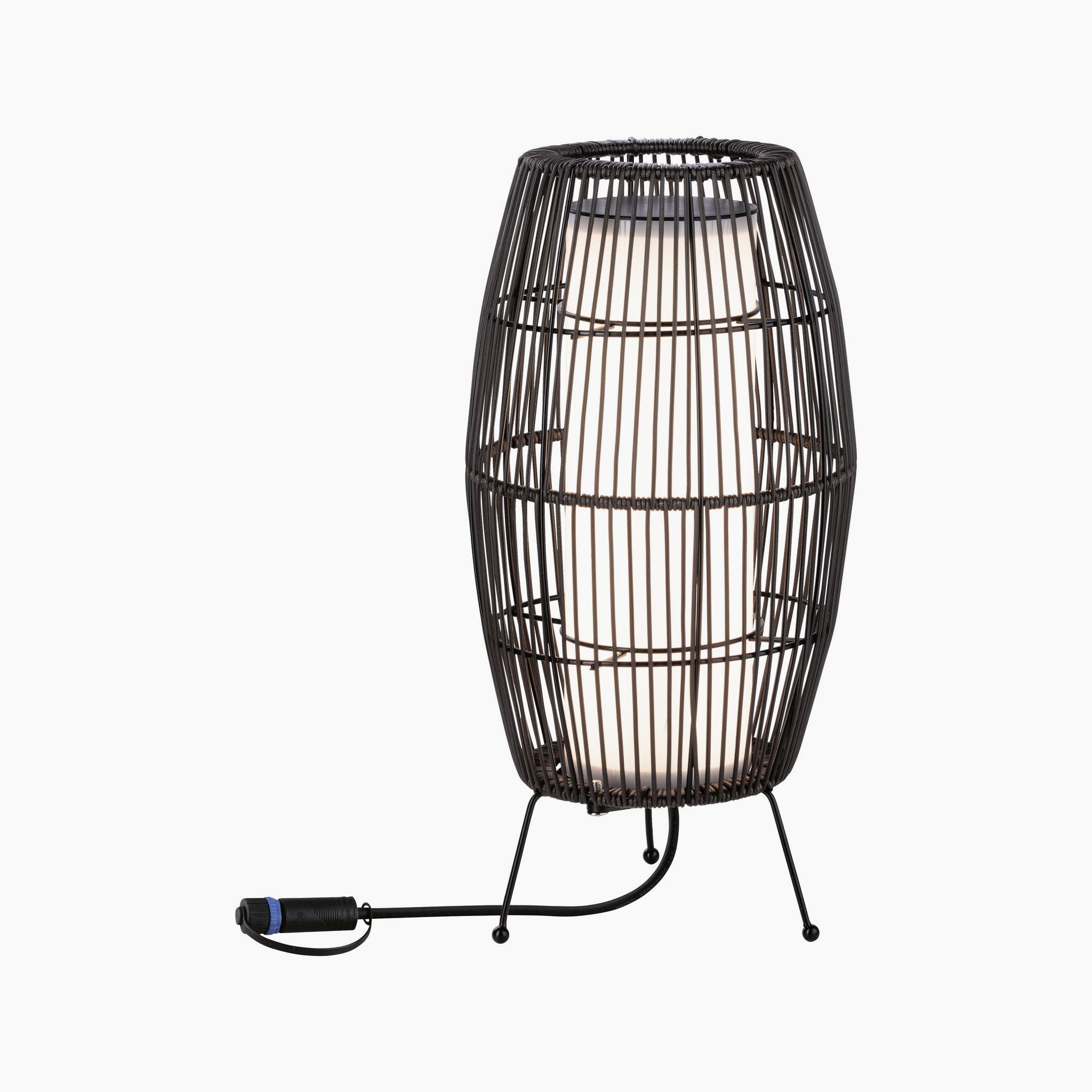 The Paulmann Plug & Shine Outdoor Basket 7.8W LED Single 40cm Floor Light in brown, with its cylindrical shape and tripod legs, reminiscent of a refined basket light, adds an elegant touch to any room.