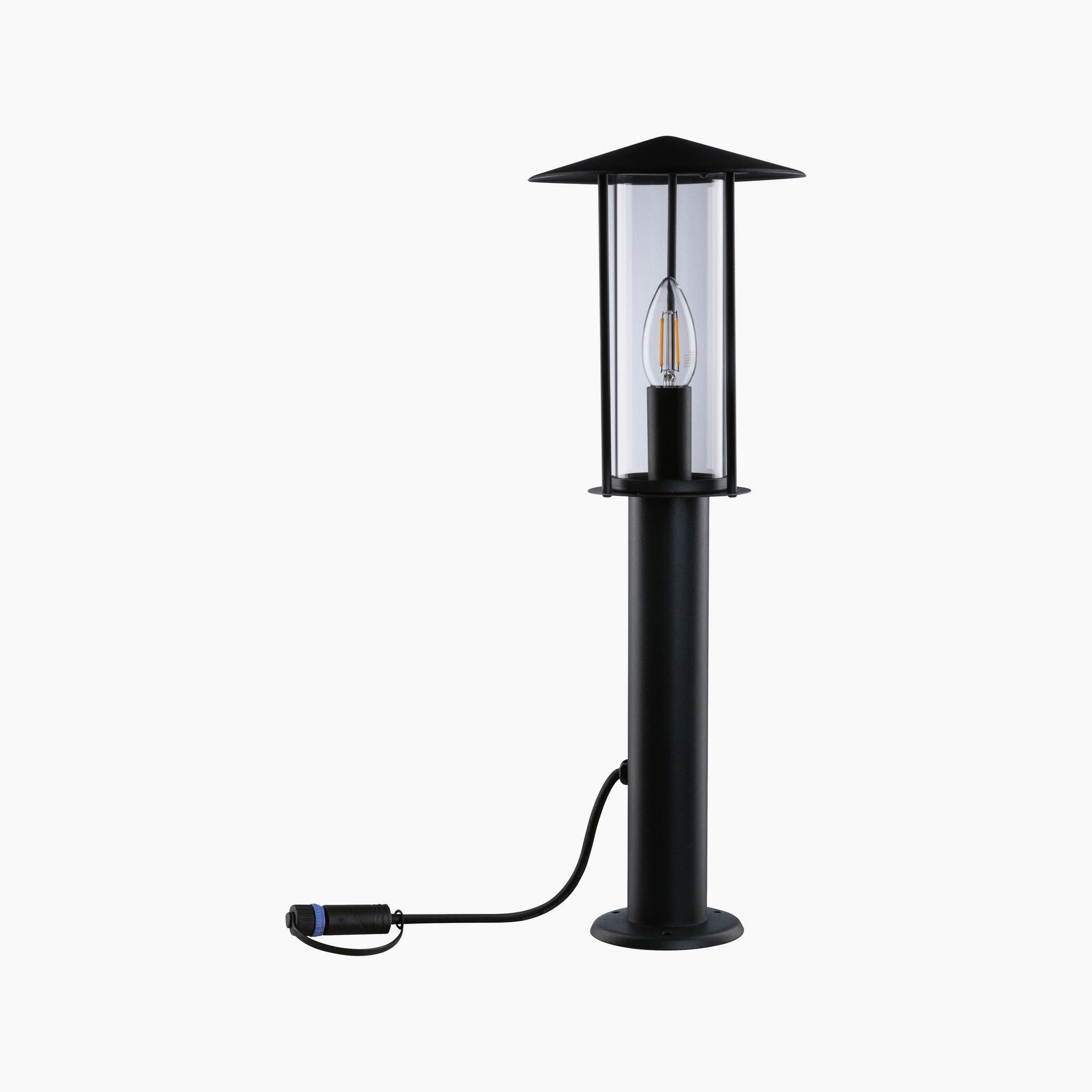 The Paulmann - Plug & Shine Outdoor Classic 2W LED Single 50cm Bollard Light in Anthracite features a clear glass enclosure and an enclosed bulb, making it perfect for illuminating garden areas. Its connected power cord allows for easy setup, making it an ideal choice for stylish outdoor lighting.