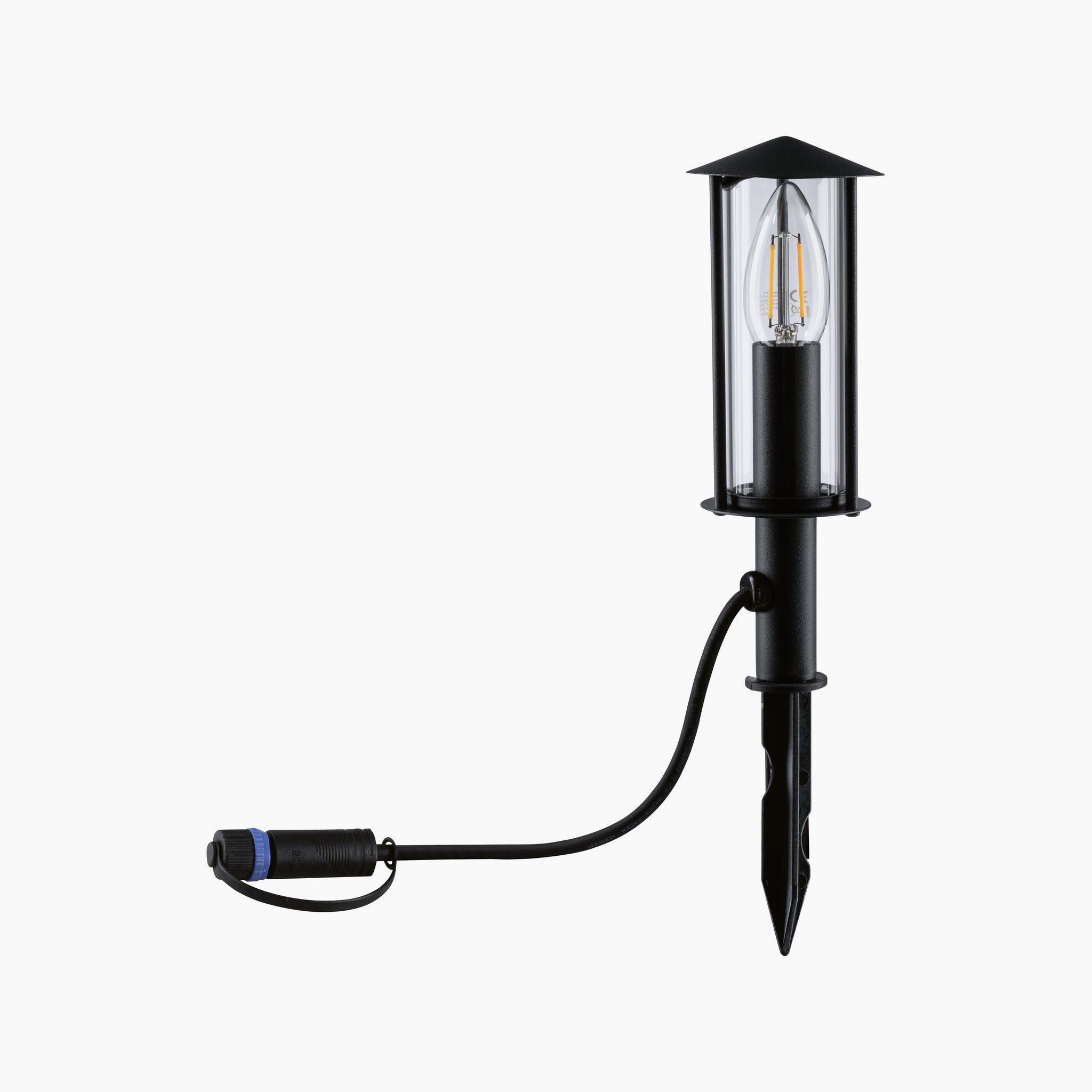 The Paulmann - Plug & Shine Outdoor Classic 2W LED Single 22cm Bollard Light in Anthracite boasts a sleek design with an anthracite housing and a transparent cover for the bulb, connected by a cable. Its mini bollard style effortlessly enhances your outdoor lighting arrangement.