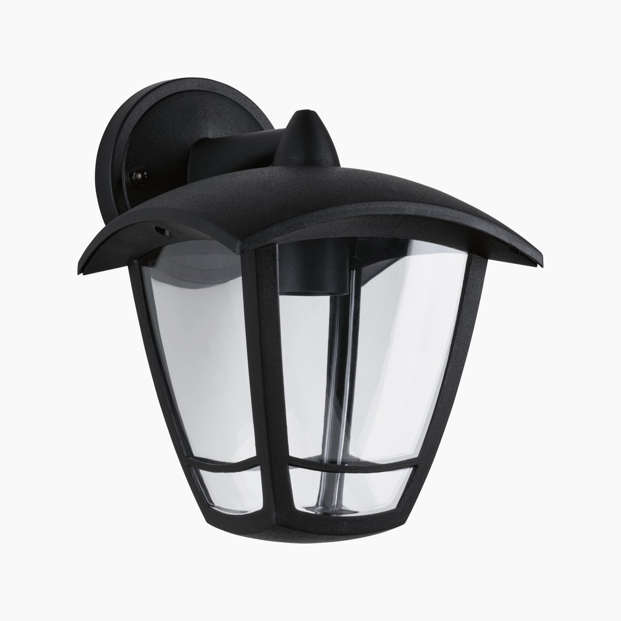 Introducing the Paulmann Outdoor Classic 12W LED Wall Light, a black lantern-style fixture with clear glass panels and a distinctive curved roof. Its anthracite-colored frame is both stylish and functional, designed to be splash-proof for reliable durability in all weather conditions.