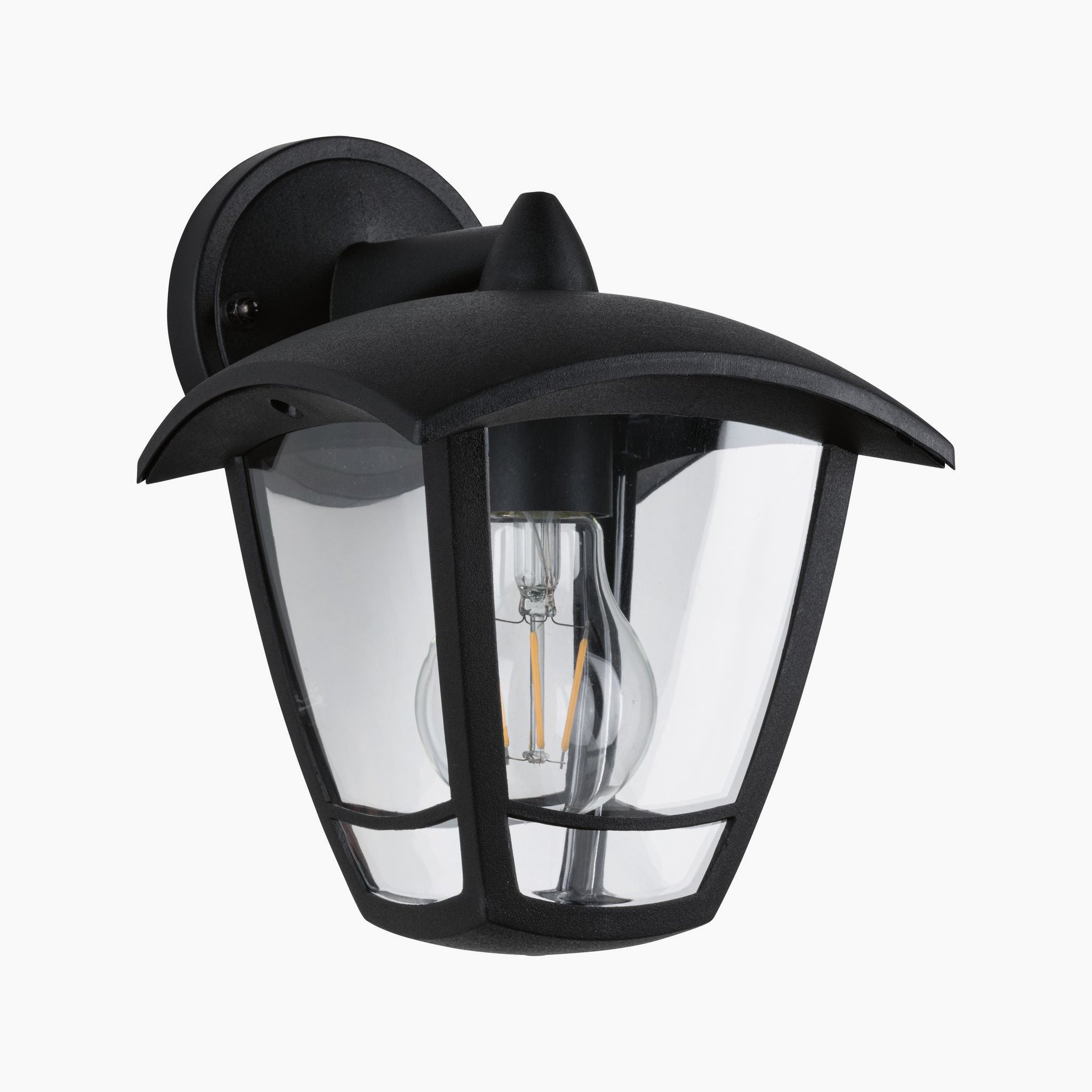 The Paulmann Outdoor Classic 12W LED Wall Light in Black is an exterior wall luminaire that showcases a black outdoor lantern with an anthracite-colored frame. It features a clear glass enclosure and visible bulb mounted on a round base, offering a splash-proof design ideal for any setting.