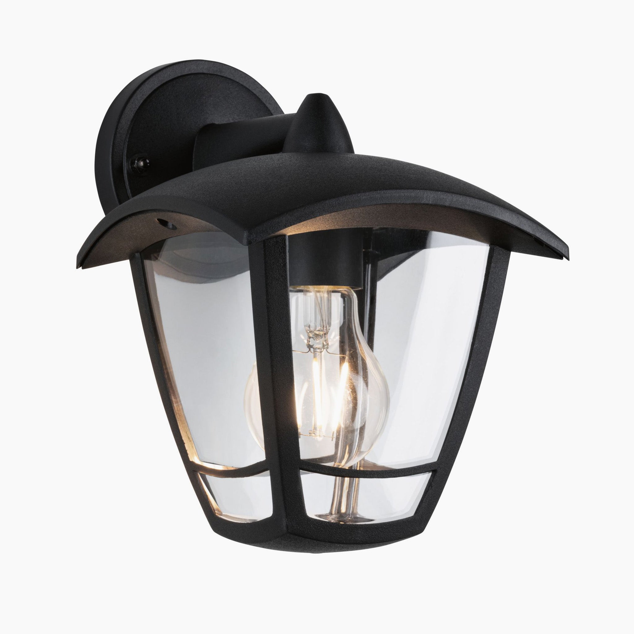 The Paulmann Outdoor Classic 12W LED Wall Light in Black showcases a black anthracite-coloured frame with clear glass panels and an illuminated bulb inside, elegantly mounted on a curved arm. Its splash-proof design ensures durability for any outdoor setting.