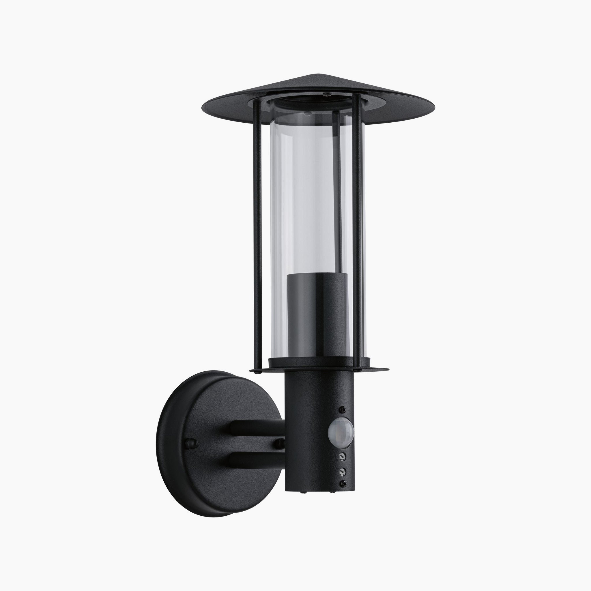 The Paulmann Outdoor Classic 15W LED Wall Light in dark grey showcases a modern design with a cylindrical glass shade and includes motion detection, boasting IP44 protection for enhanced durability.