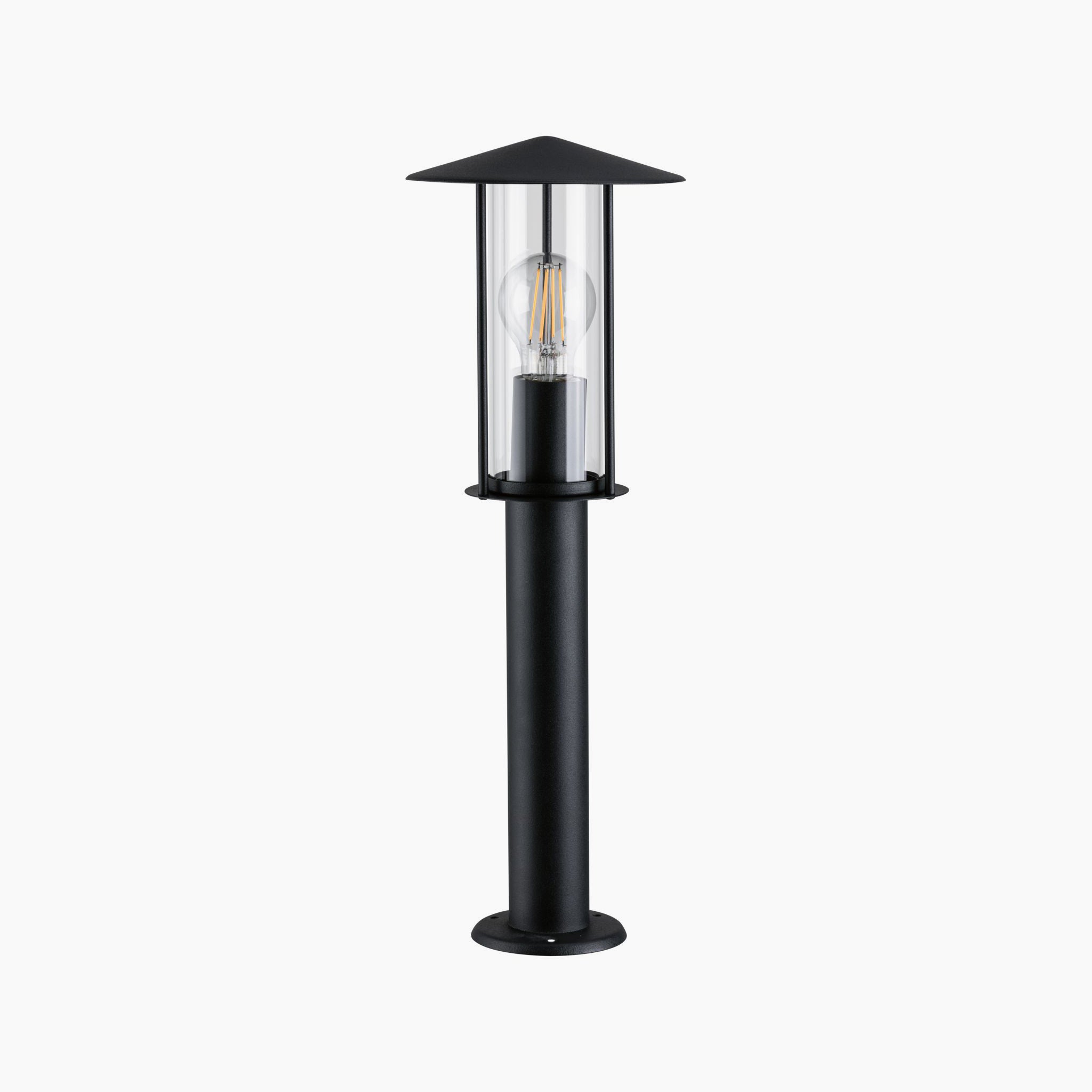 The Paulmann Outdoor Classic 15W LED Bollard Light in Dark Grey features a modern design with a clear glass enclosure that displays a visible bulb against a white background. With IP44 protection, it is built to endure harsh weather conditions while enhancing any environment.