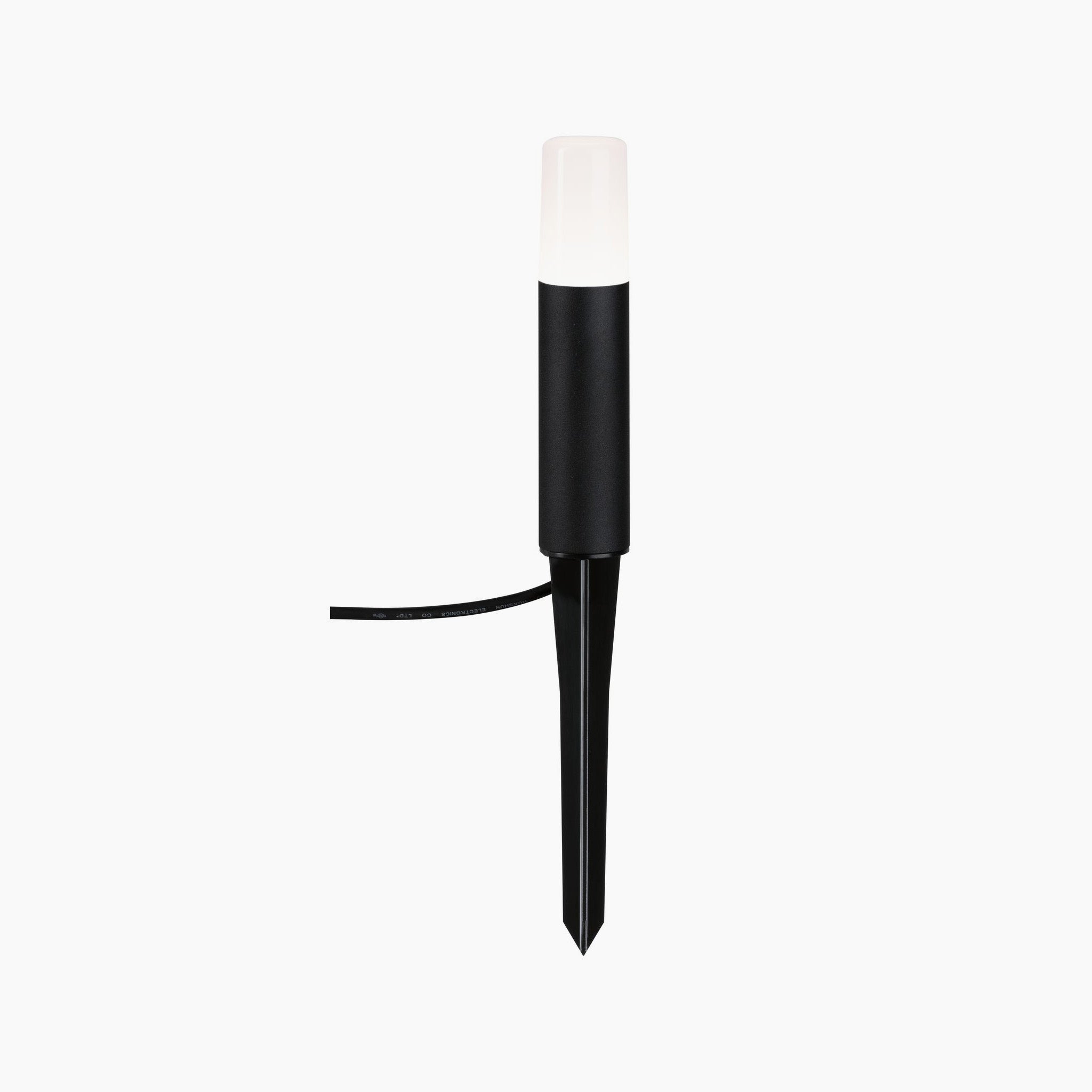 Introducing the Paulmann Plug & Shine Outdoor Flarea 3.6W LED Bollard Light, a durable 20cm black metal spike light with a white top and an attached cable that provides IP65 protection for glare-free lighting and optimal ambiance in your garden.