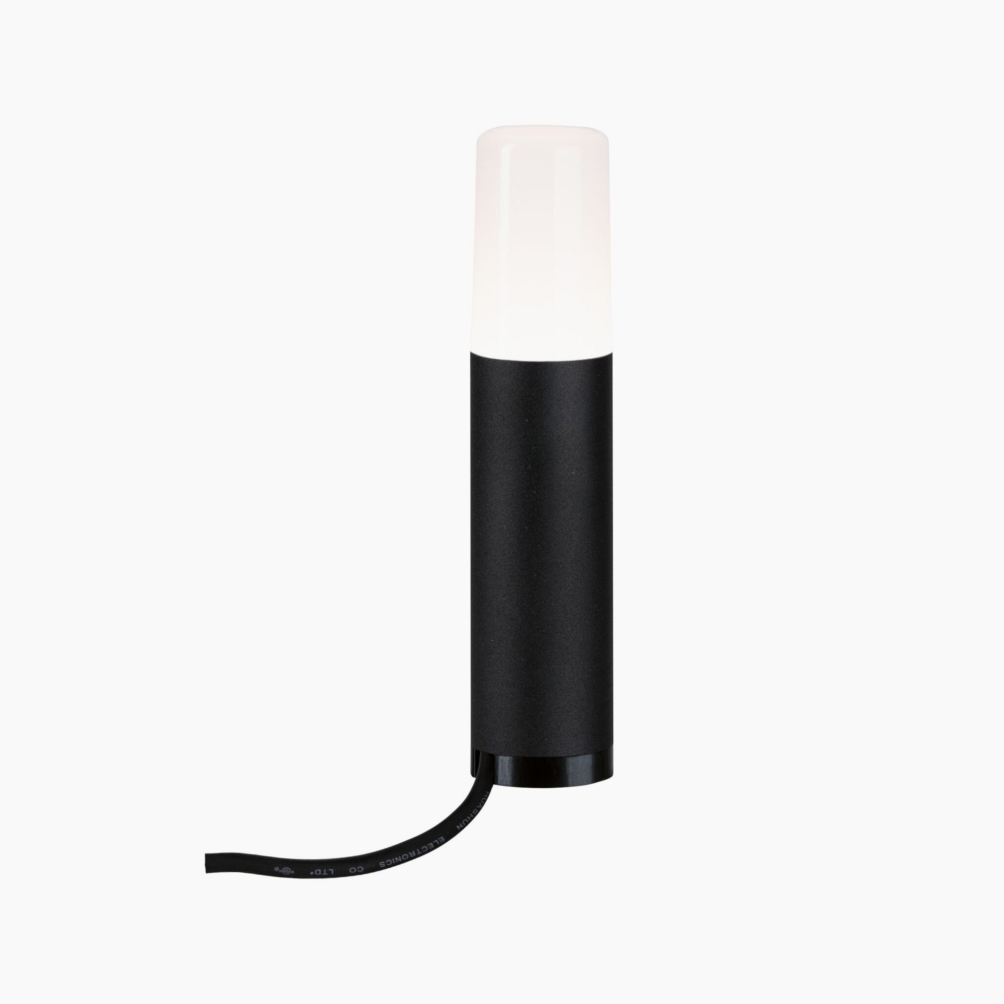 A black metal cylindrical Paulmann Plug & Shine Outdoor Flarea 3.6W LED bollard light, measuring 20cm, offers glare-free illumination and includes a convenient power cord.