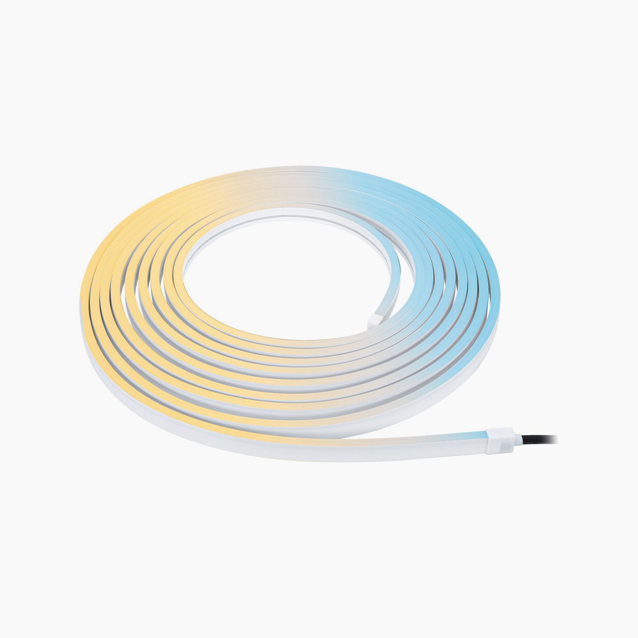 The Paulmann - Plug & Shine Outdoor 48W LED 10m Smooth Strip with Smart Home Zigbee 3.0 in RGBW offers a coiled design featuring a gradual color transition from warm to cool tones, making it perfect for weather-resistant garden illumination.