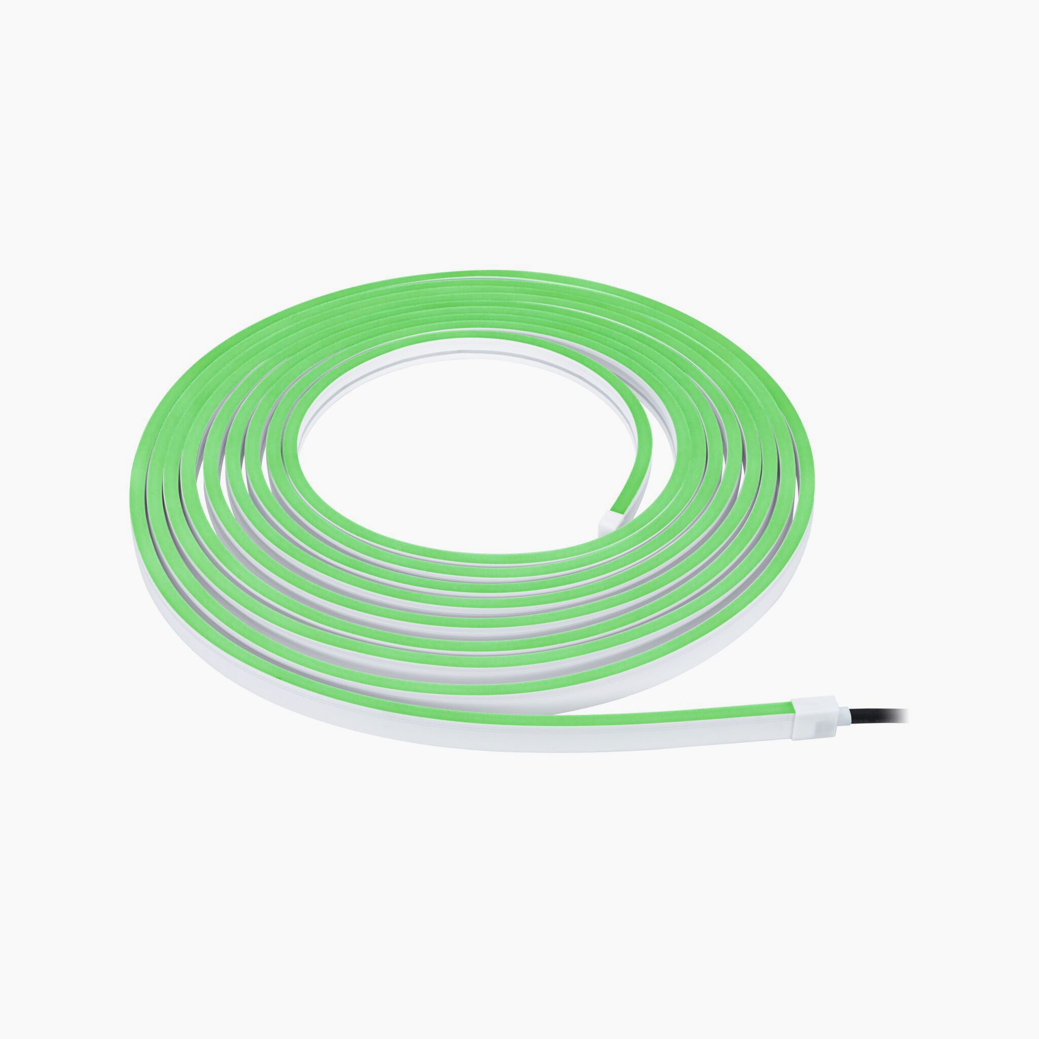 The Paulmann - Plug & Shine Outdoor 48W LED 10m Smooth Strip with Smart Home Zigbee 3.0 in RGBW, featuring a coiled green strip light and a black cord on a white background, offers weather-resistant versatility, making it perfect for garden illumination.