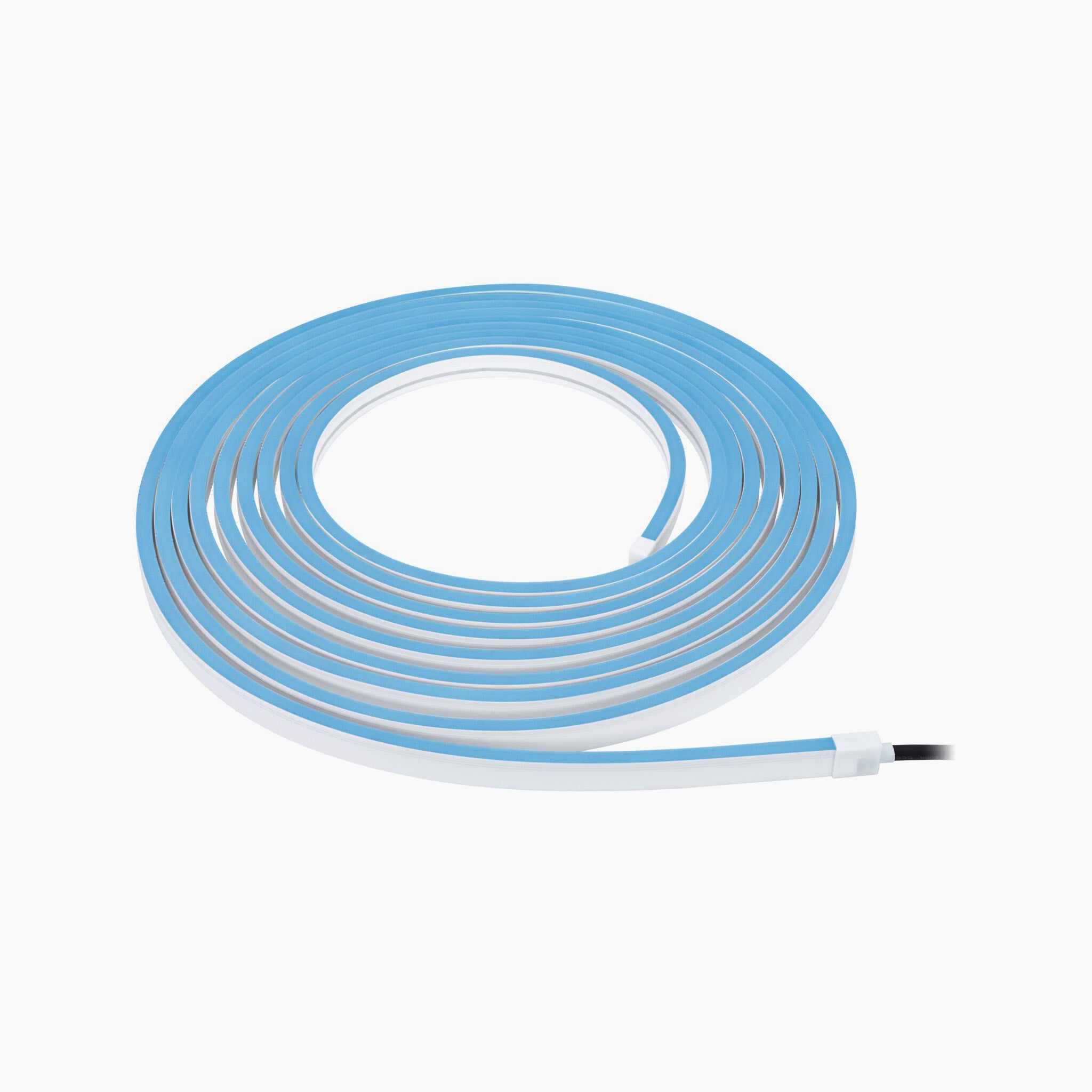 The Paulmann - Plug & Shine Outdoor 48W LED 10m Smooth Strip with Smart Home Zigbee 3.0 in RGBW, complete with a black power connector, is ideal for garden illumination against a white backdrop.