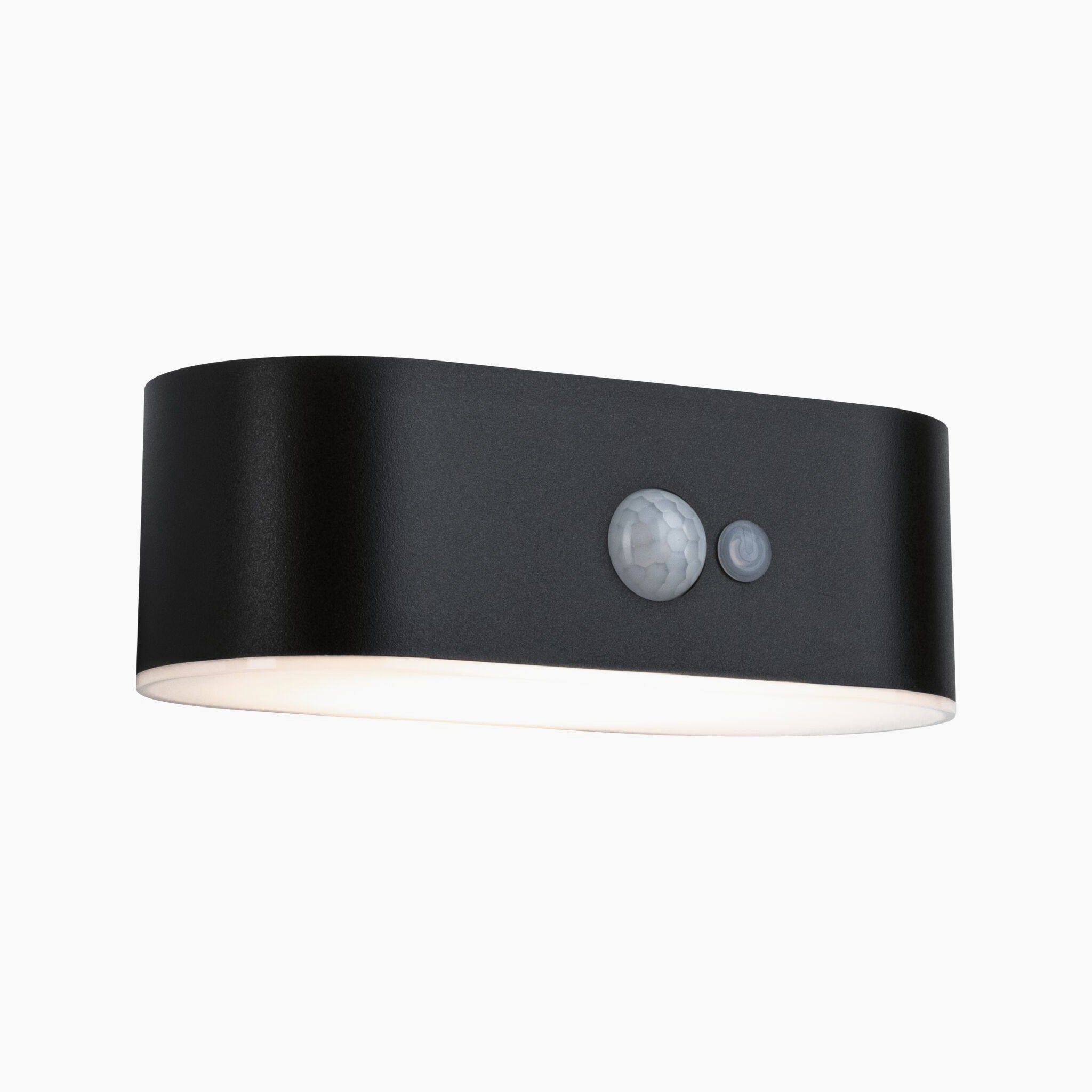 Paulmann's Outdoor Adya 2.5W LED solar wall light in black, featuring energy-efficient motion detection, set against a white background.