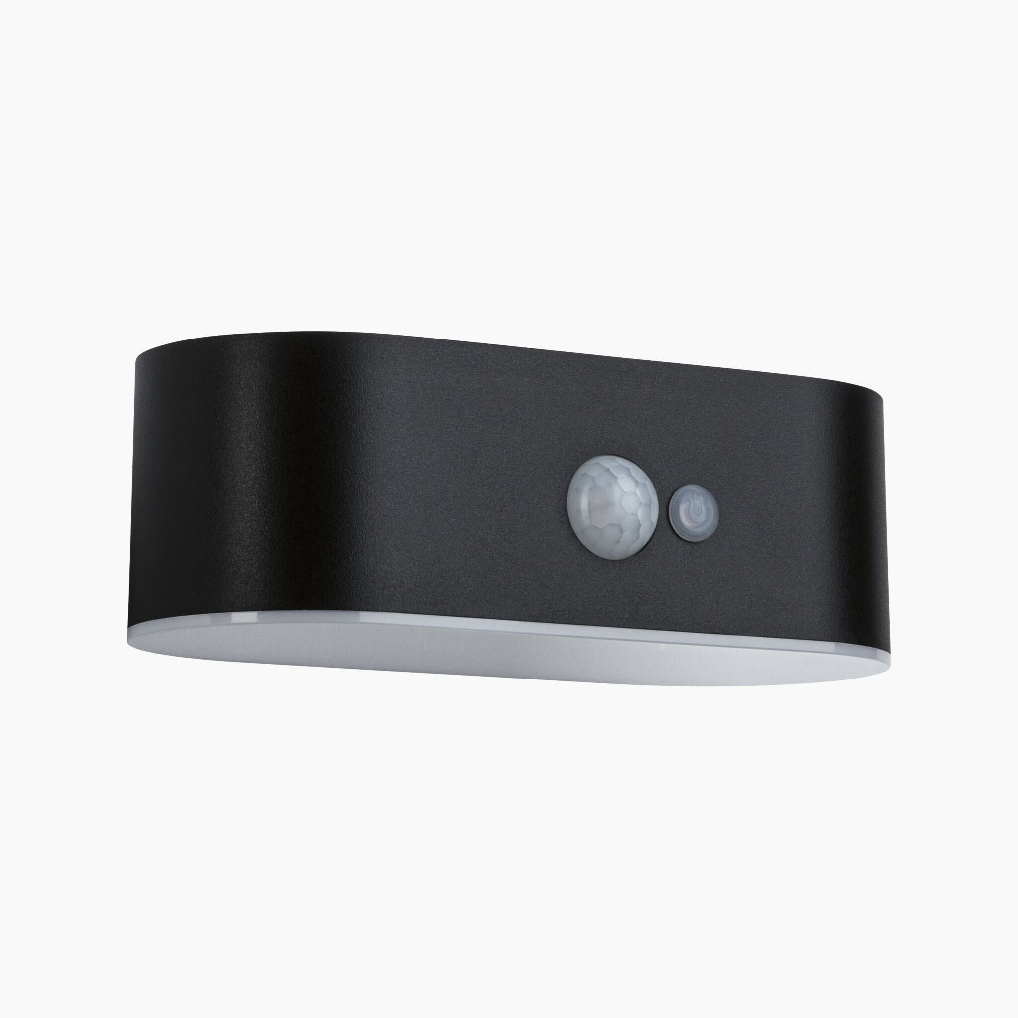 The Paulmann Outdoor Adya 2.5W LED Solar Wall Light with Motion Detection in Black showcases a sleek, curved design with two circular sensors on the front, effectively functioning as an energy-saving solar wall luminaire.