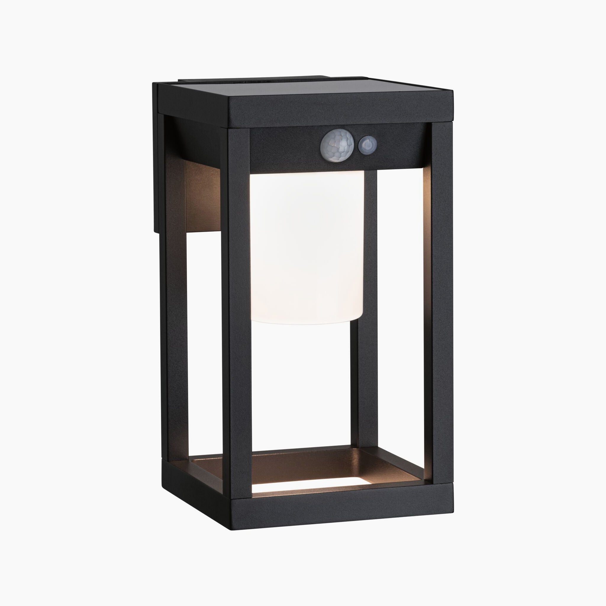 Paulmann's Outdoor Marisol 5.5W LED Solar Lantern in black features a rectangular frame and frosted glass enclosure, enhanced with motion detection for added security.