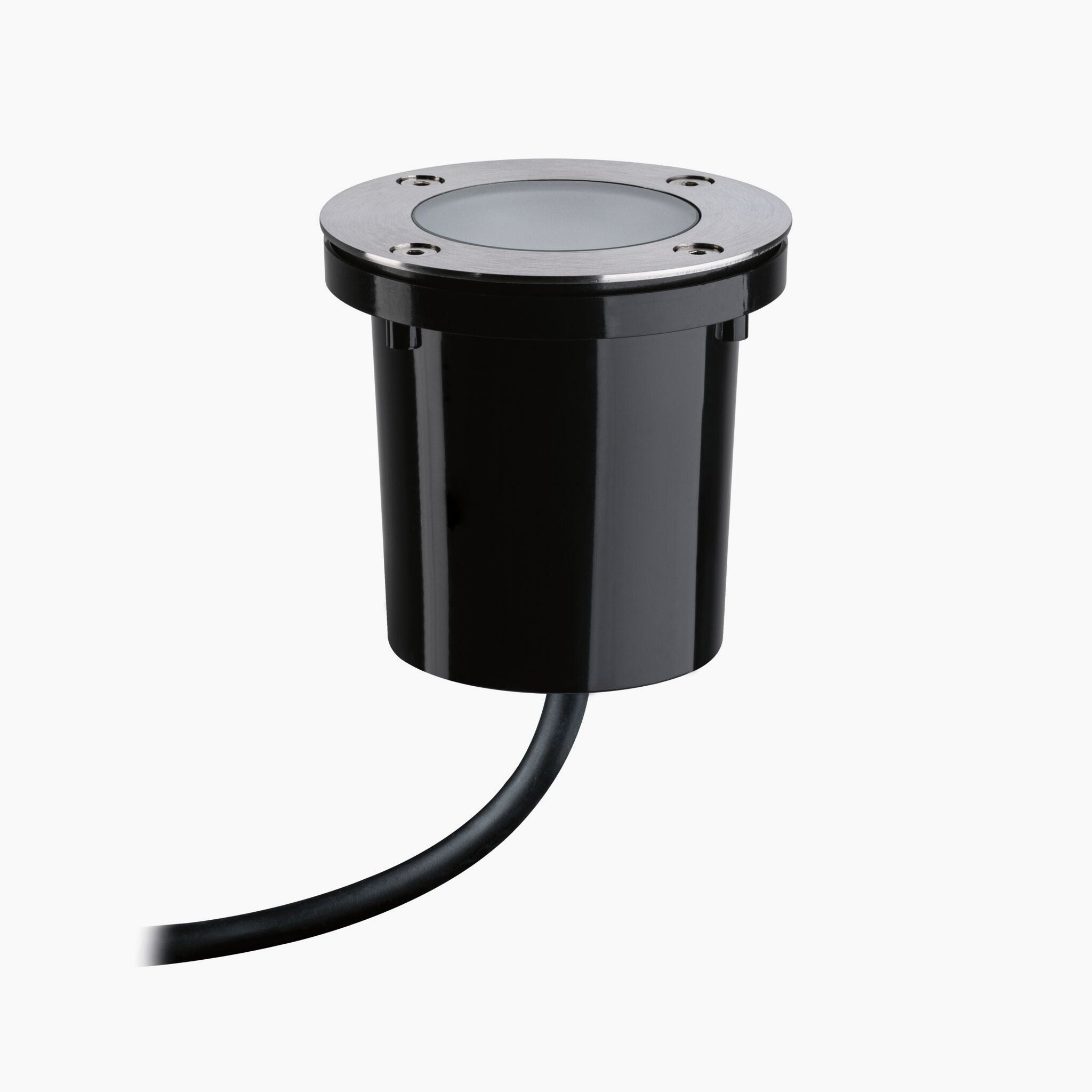 The Paulmann Plug & Shine Outdoor 5.2W LED Recessed Spotlight in black, equipped with a cable and designed in a cylindrical shape, effortlessly integrates into your setup as an in-floor spotlight. It is compatible with the smart Plug & Shine system and Zigbee 3.0, ensuring seamless connectivity for modern lighting solutions.