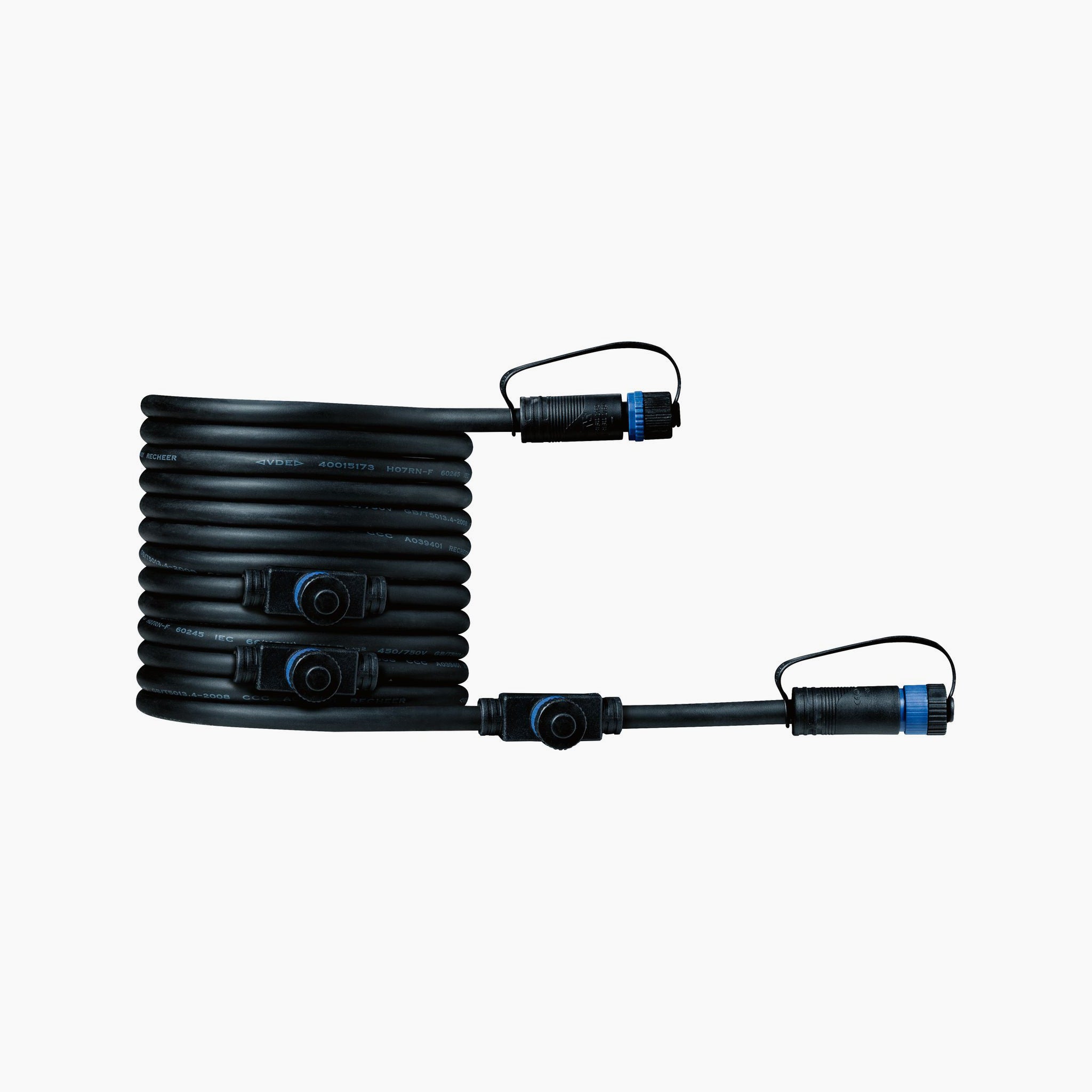 A 5-meter black coiled cable called the Paulmann - Plug & Shine Outdoor Cable, equipped with connectors on both ends and four outputs, is designed for electrical or audio purposes and features Plug & Shine technology to enhance visibility in outdoor spaces.