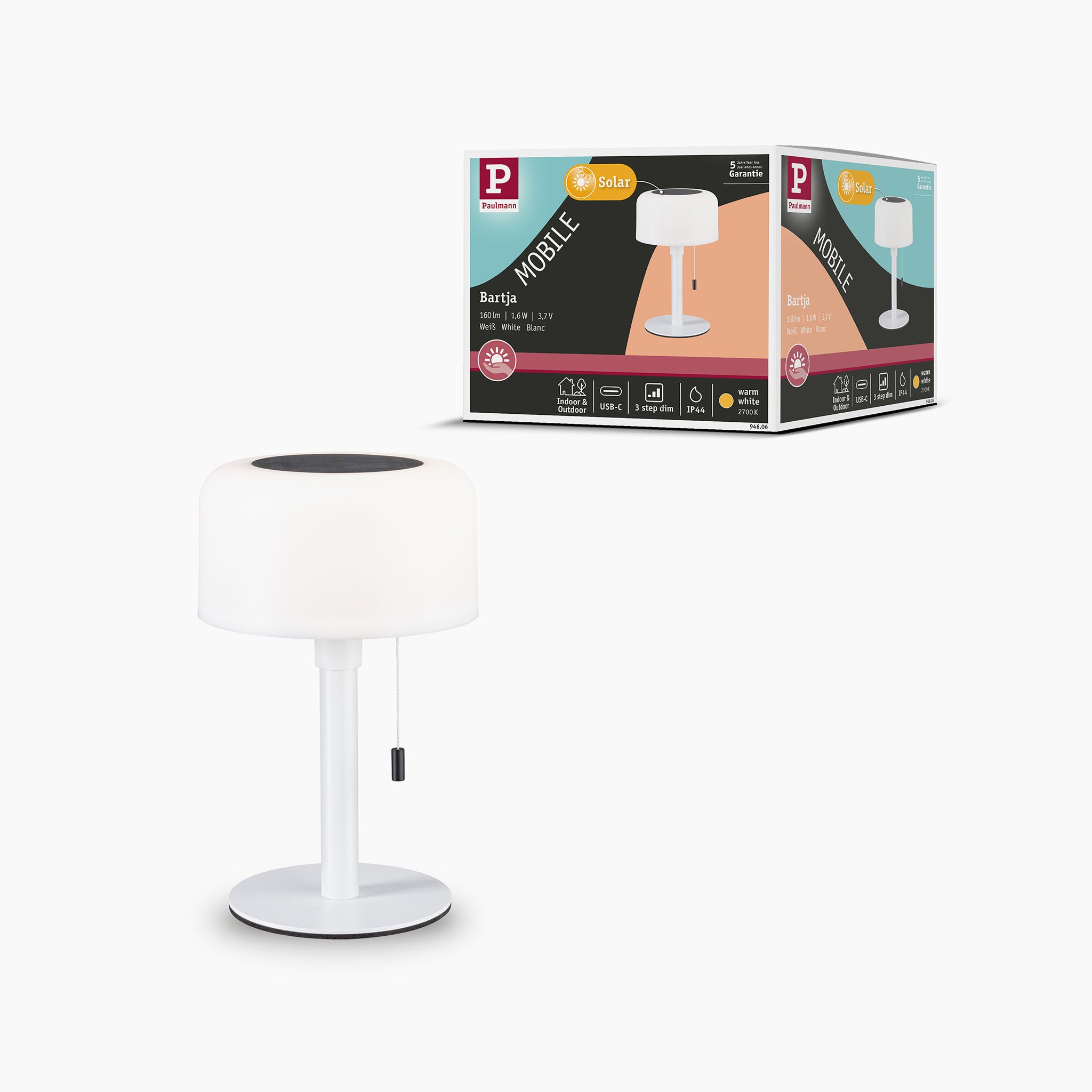The Paulmann - Bartja 1.6W LED Solar Table Lamp in white features a pull chain and an integrated solar module for added convenience. The box in the background displays the text "P Mobile" and "Solar.