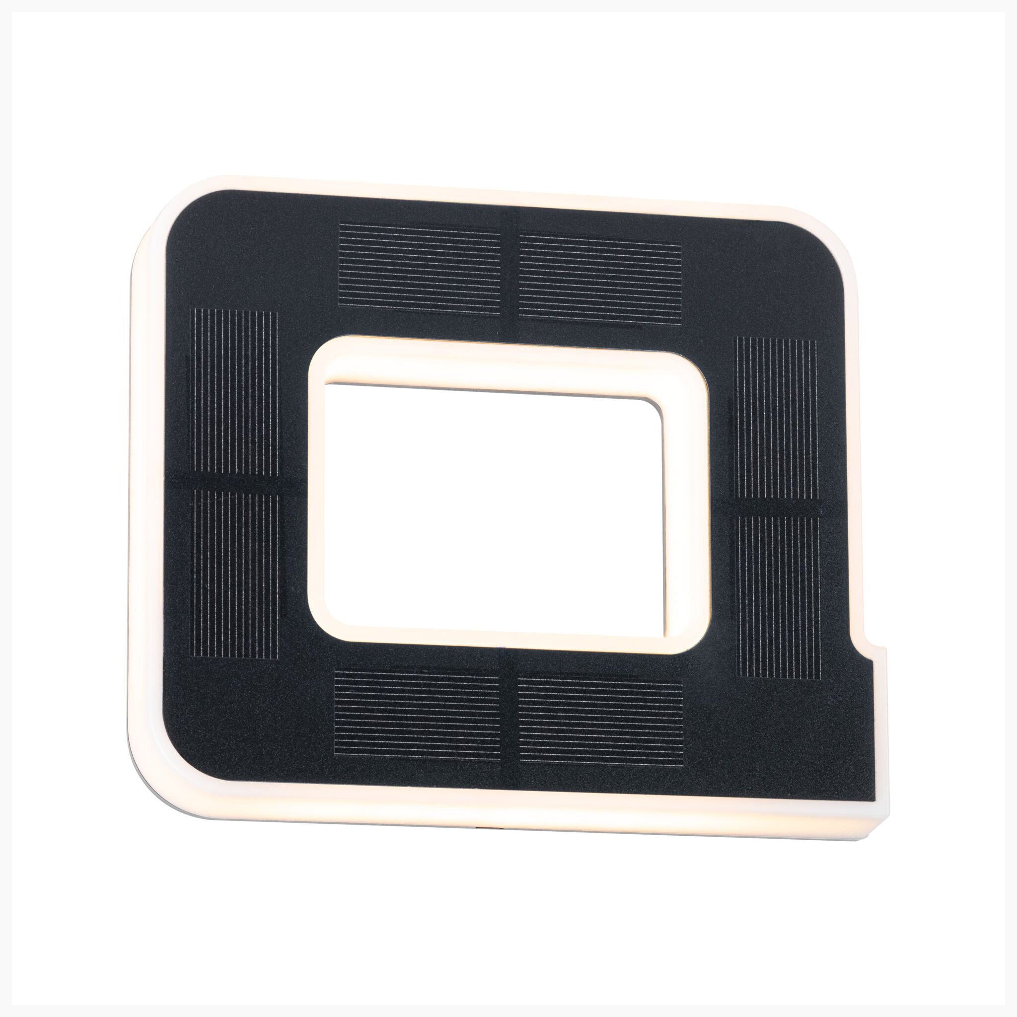 A stencil-like tool in black with a square cutout in the center, designed to display the Paulmann Outdoor Solar House Letter A LED 0.2W with a replaceable battery.