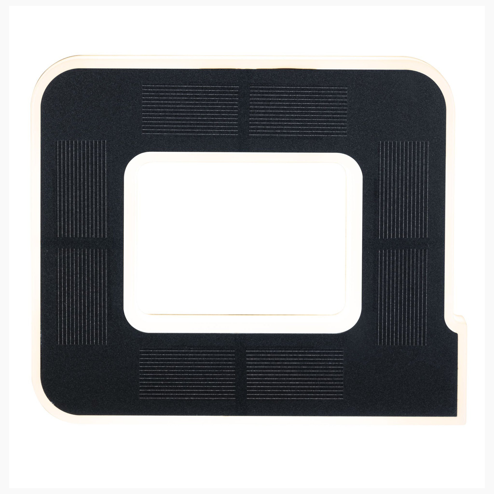 Black and white modern, rectangular floor mat with a cut-out center, featuring a stylish decorative letter design.