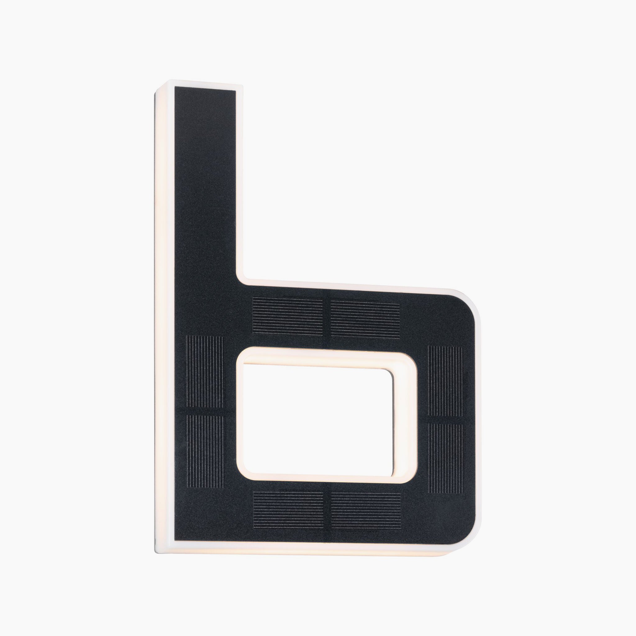 Black-finished LED wall light in the shape of lowercase letter 'b' on a white background, stylishly serving as a decorative numeral, featuring the Paulmann Outdoor Solar House Letter B with a 0.2W LED and replaceable battery.