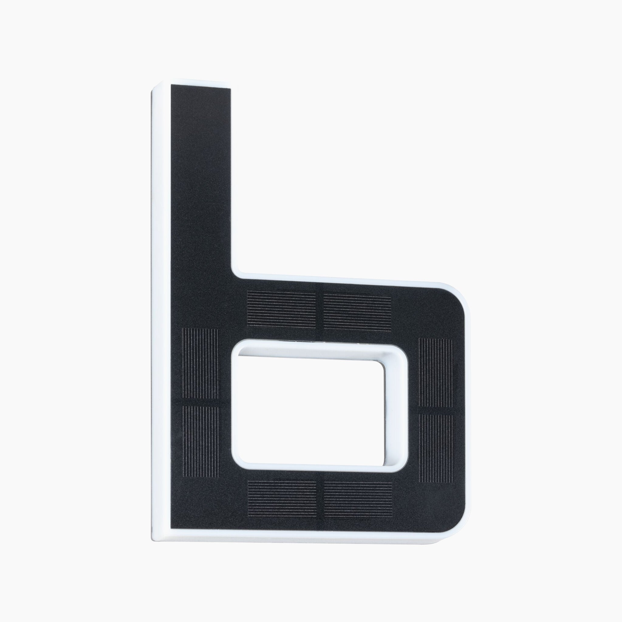 A black Outdoor Solar House Letter "B" LED with a replaceable battery serves as a sleek decorative number on a white background.