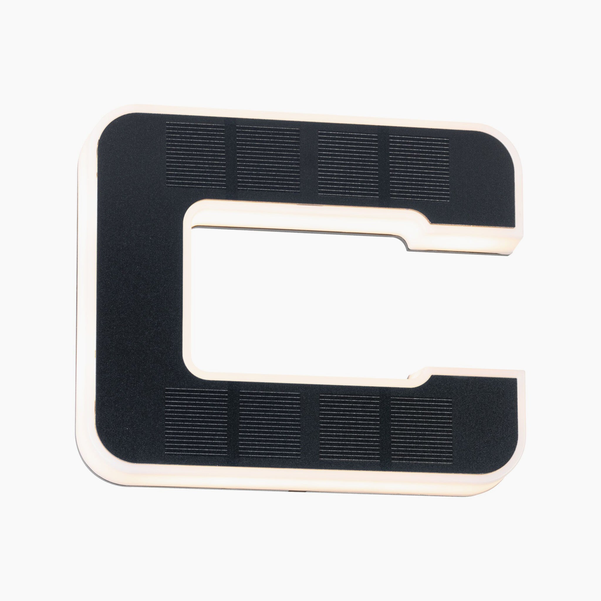 A black C-shaped guitar capo with a white background, featuring a sleek design that echoes the refined elegance of the Paulmann Outdoor Solar House Letter C LED 0.2W with a replaceable battery in black.