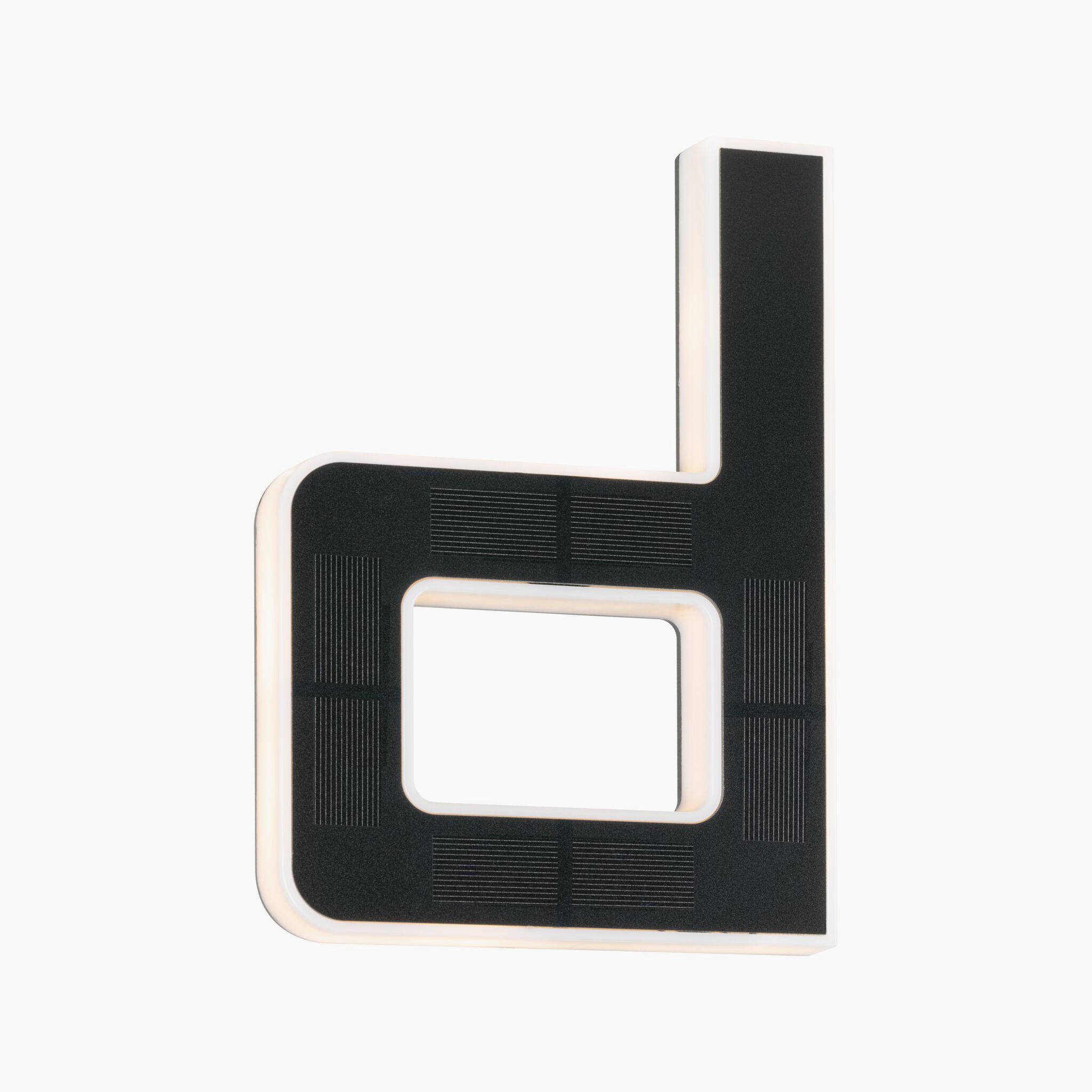 Black and white lowercase letter "d" with a square cutout in the stem, featuring a minimalist design on a white background. Ideal for incorporating into a solar-powered house number luminaire by Paulmann for an eco-friendly touch.