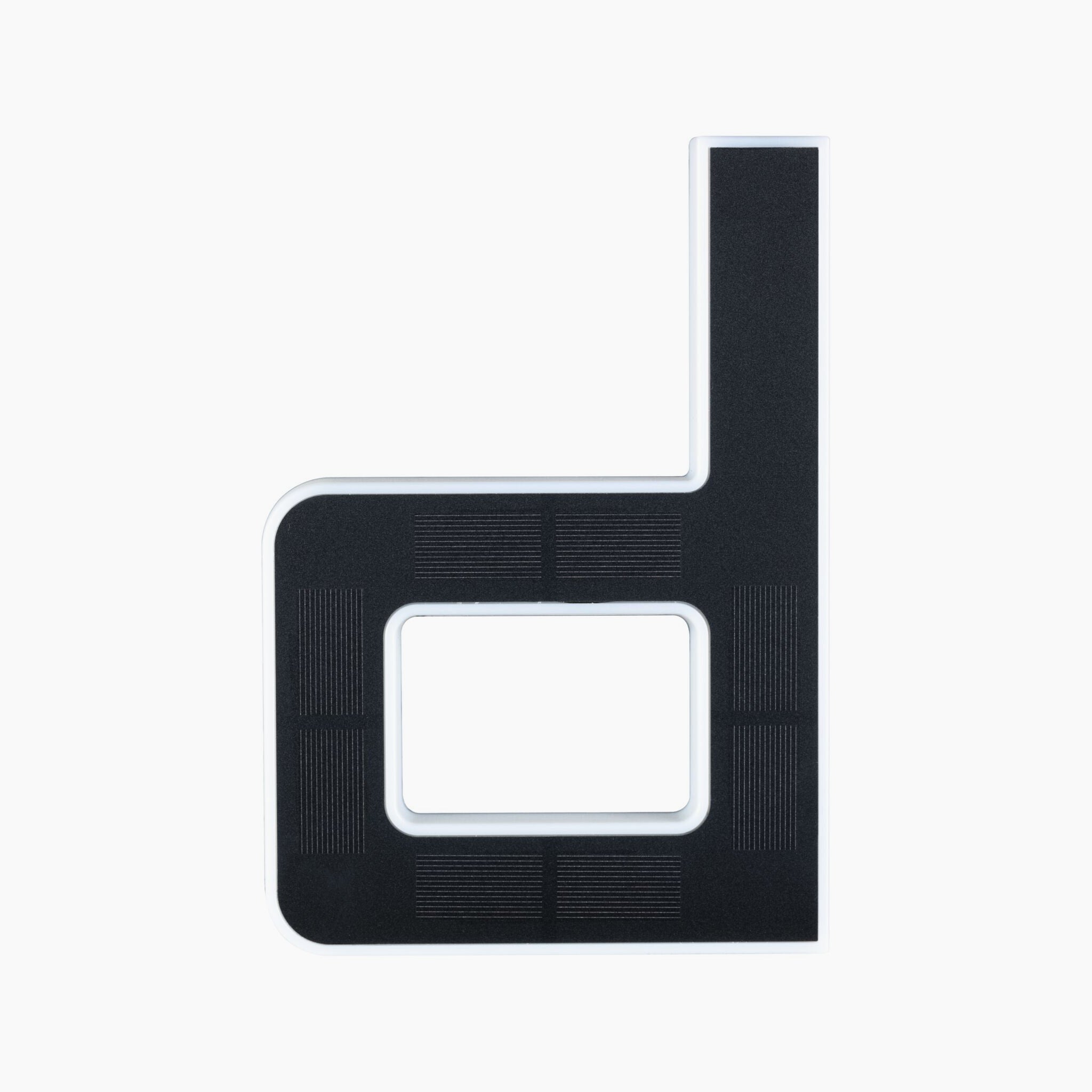 A black and white cutout shaped like a lowercase "d" on a white background, subtly reminiscent of the Paulmann Outdoor Solar House Letter D LED Luminaire, featuring a 0.2W light and a replaceable battery in black.