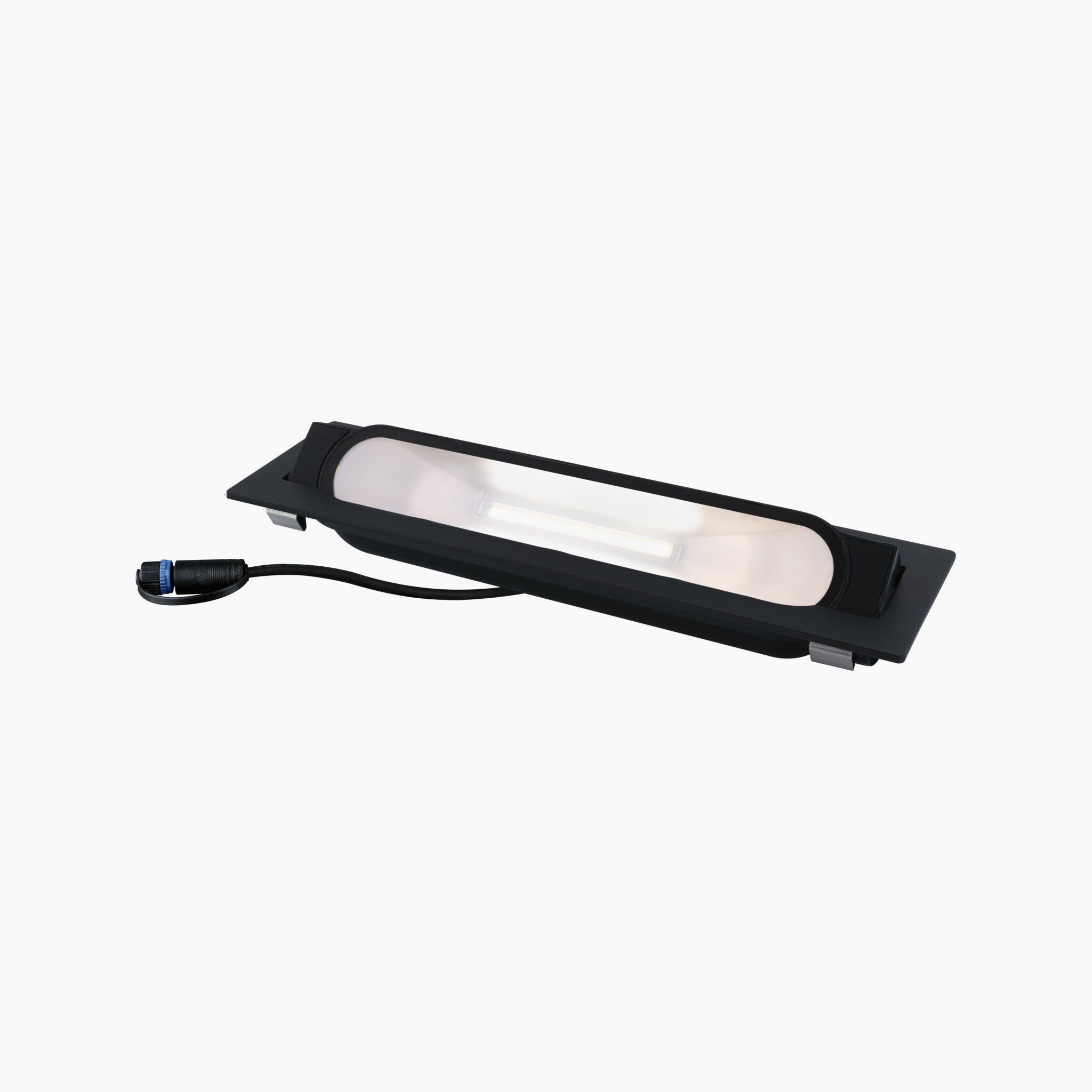 The Paulmann - Plug & Shine Outdoor Flotas 6.1W LED Wallwasher, featuring a stylish anthracite finish and an attached power cable, effortlessly provides warm white lighting against a pristine white backdrop. As an ideal outdoor recessed luminaire, it seamlessly blends into any environment offering both style and functionality.