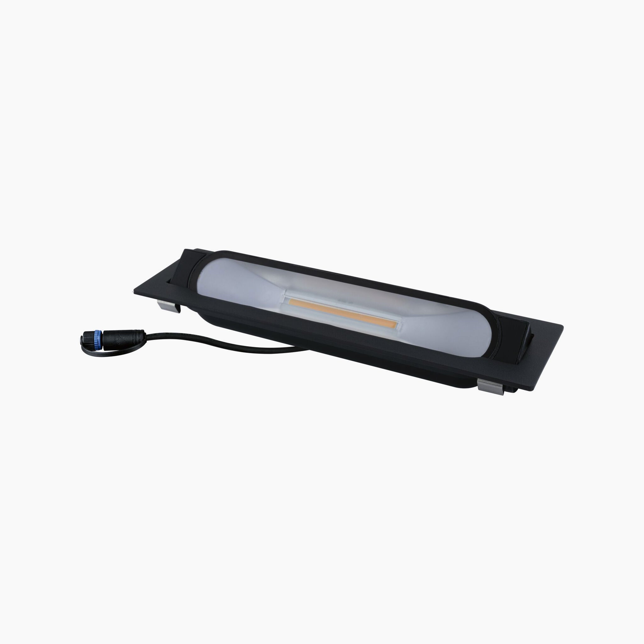 The Paulmann - Plug & Shine Outdoor Flotas 6.1W LED Wallwasher in Anthracite, with its connected black power cable, provides warm white lighting against a white backdrop. Perfect for use as an outdoor recessed luminaire, it effortlessly integrates with the Plug & Shine system for seamless illumination.