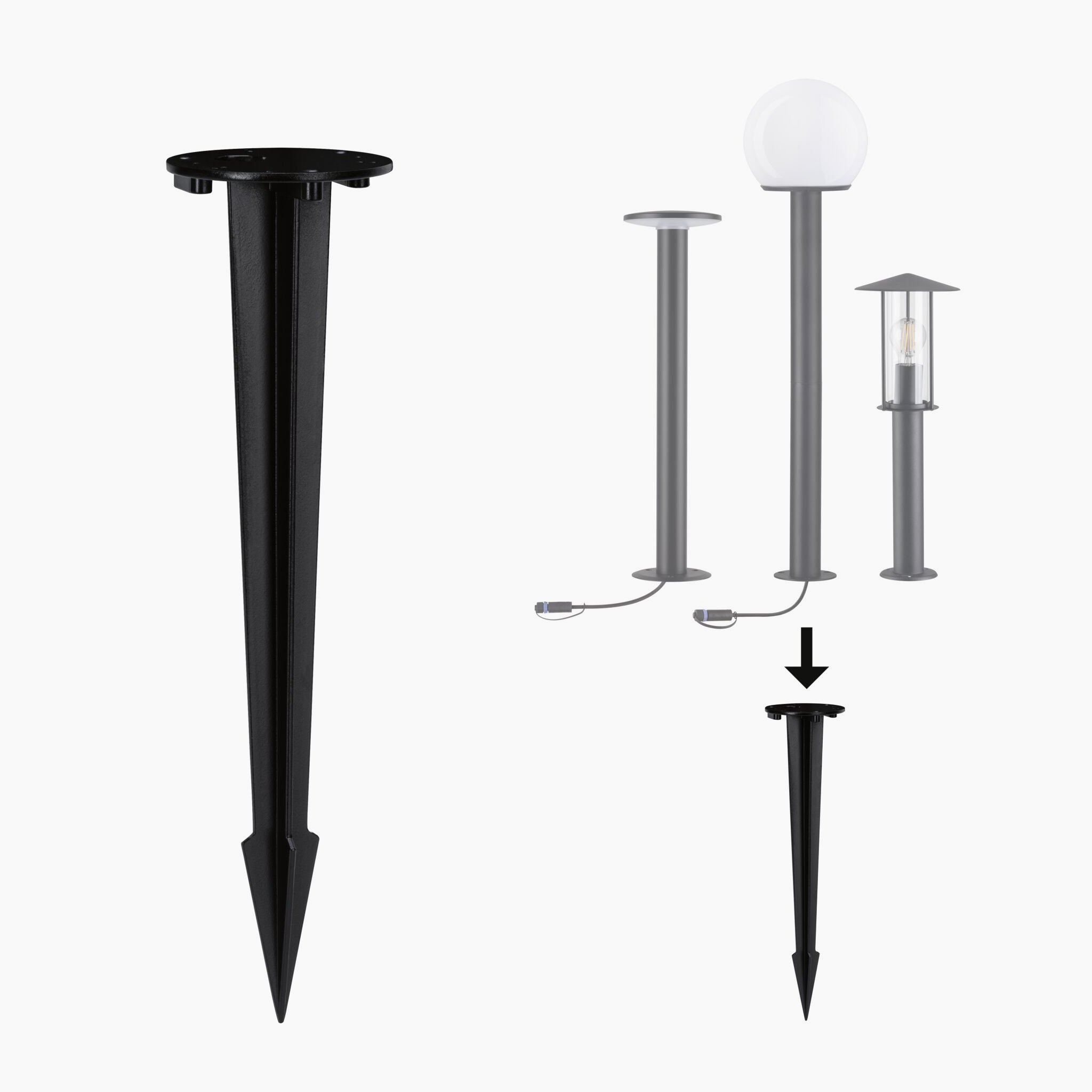 A Paulmann anthracite metal ground spike and three diverse outdoor lights, featuring a sleek bollard light, complete with arrows showing how to attach them.