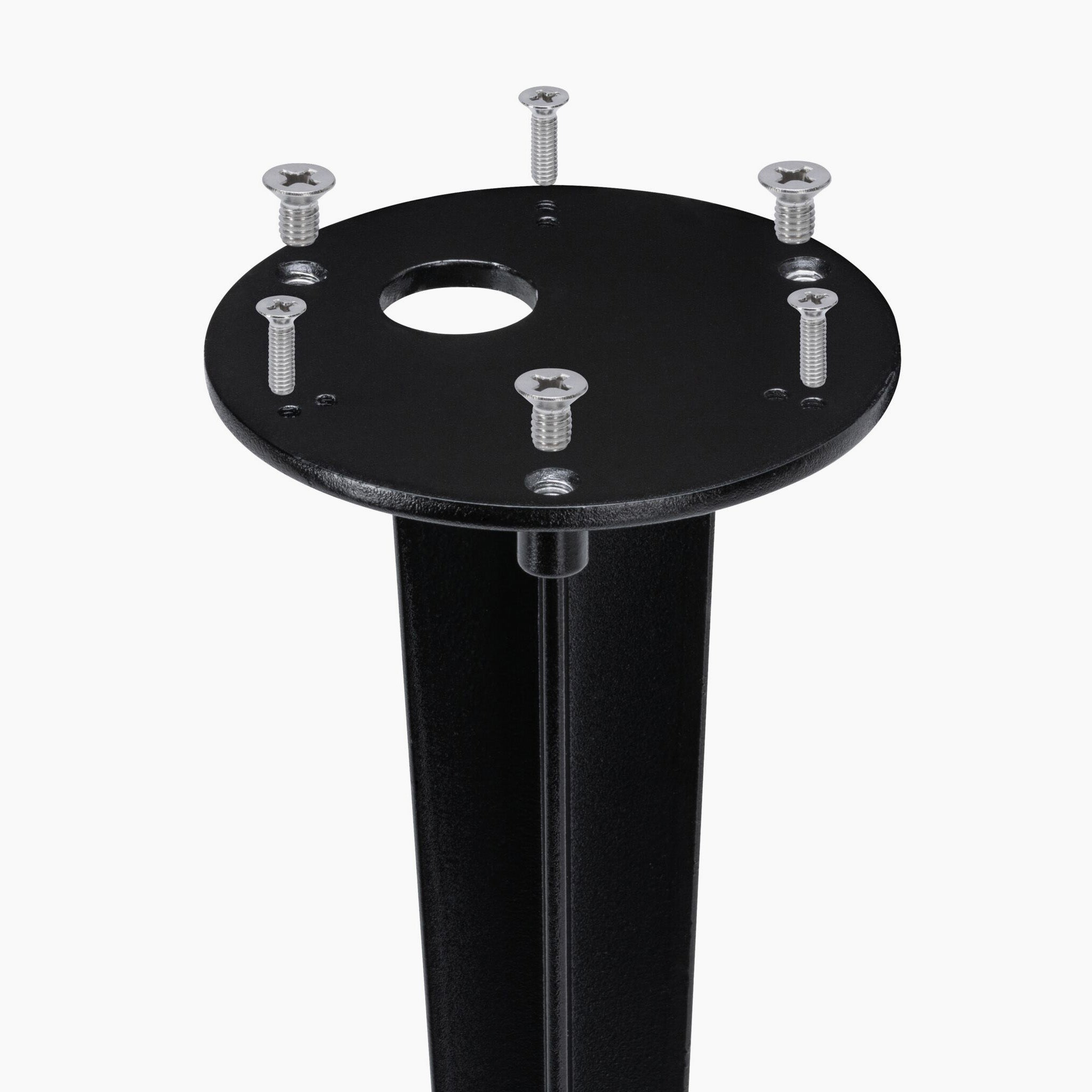 The black metal table leg has a circular top attachment with six screws for secure installation, reminiscent of the durable design found in the Paulmann Outdoor Earth Spike for Bollard Lighting in Anthracite.