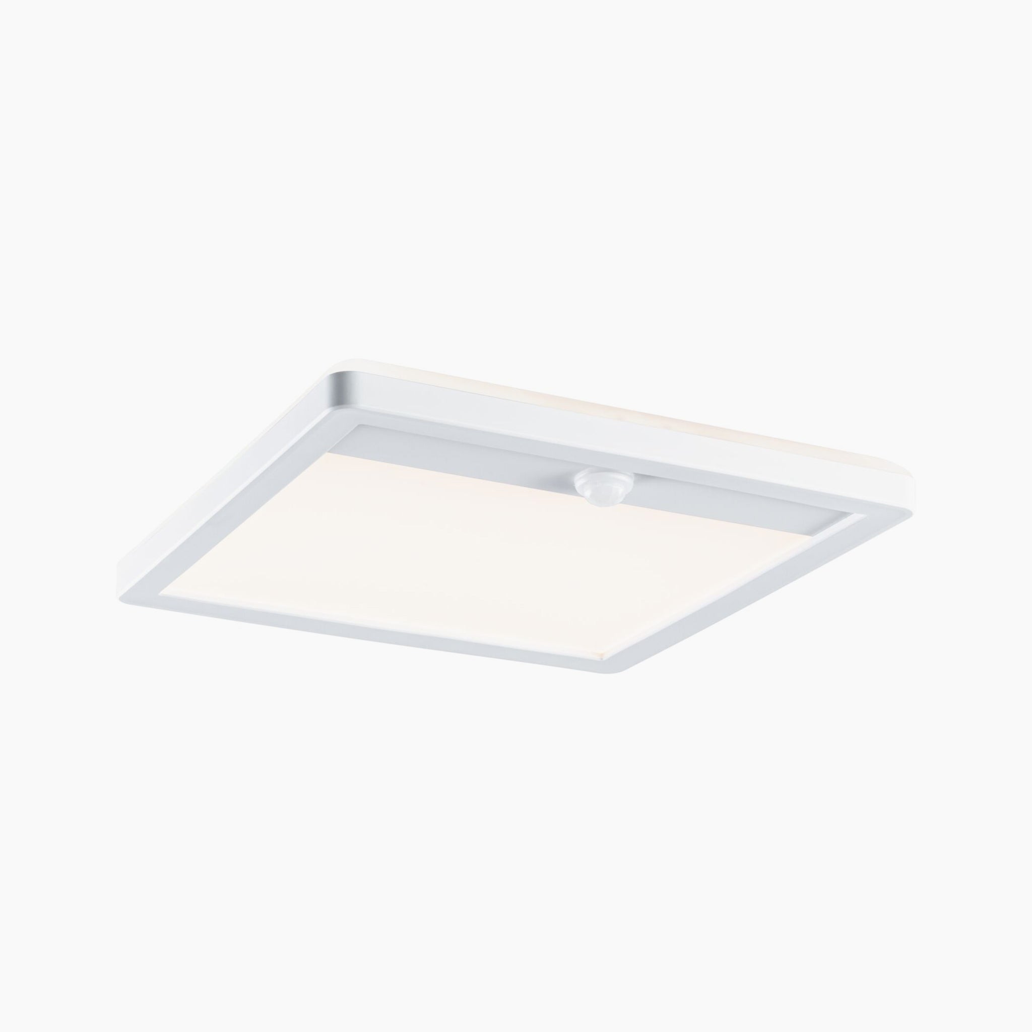 Square ceiling LED light with rounded edges on a white background, featured in our innovative Paulmann Outdoor Lamina collection, known for its insect-friendly 16W LED backlit technology and motion detection in tunable white.