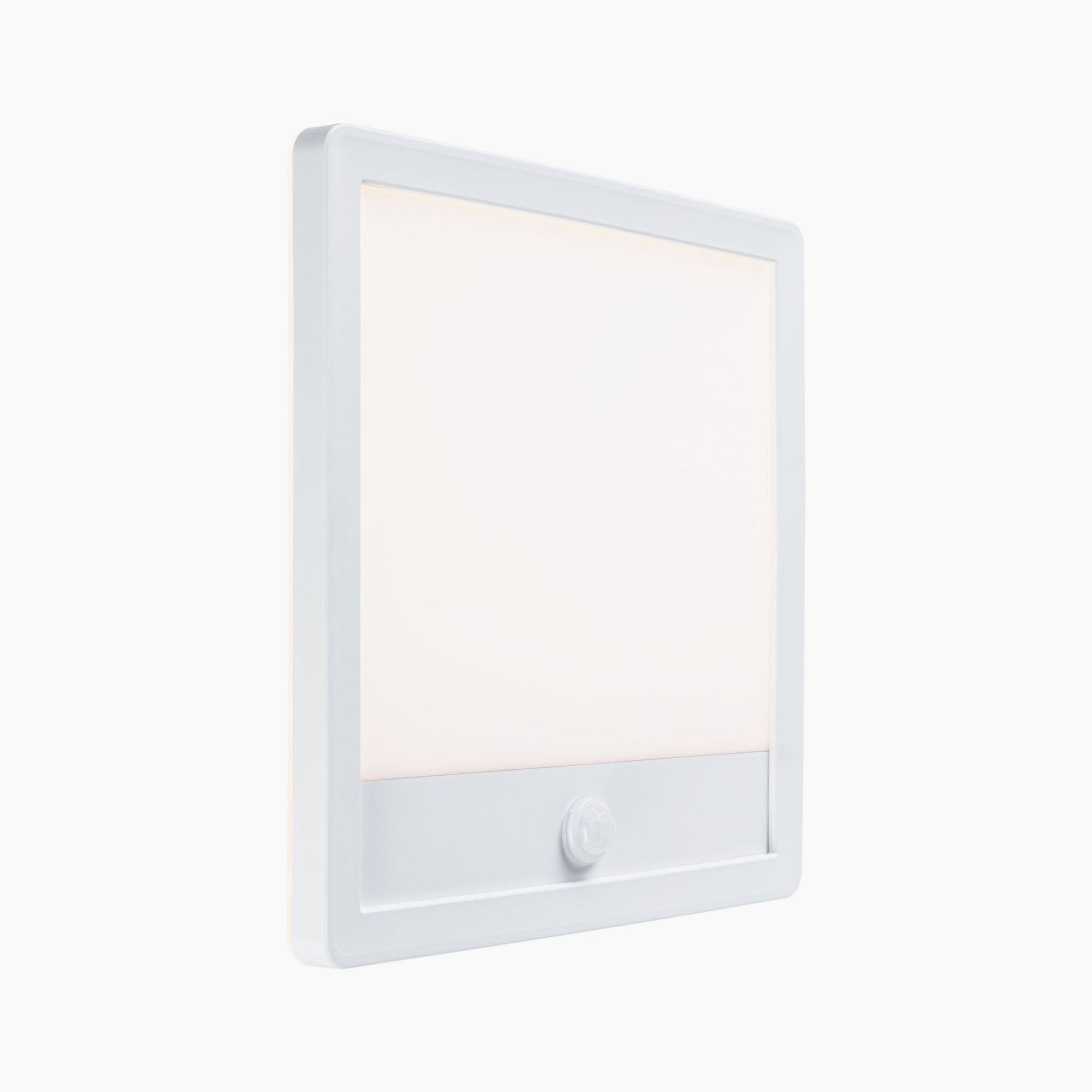 White square wall light with a minimalist design by Paulmann, featuring a small button at the bottom center and an integrated motion sensor for increased efficiency. This Outdoor Lamina Insect Friendly 16W LED backlit panel is tunable and designed for outdoor use.