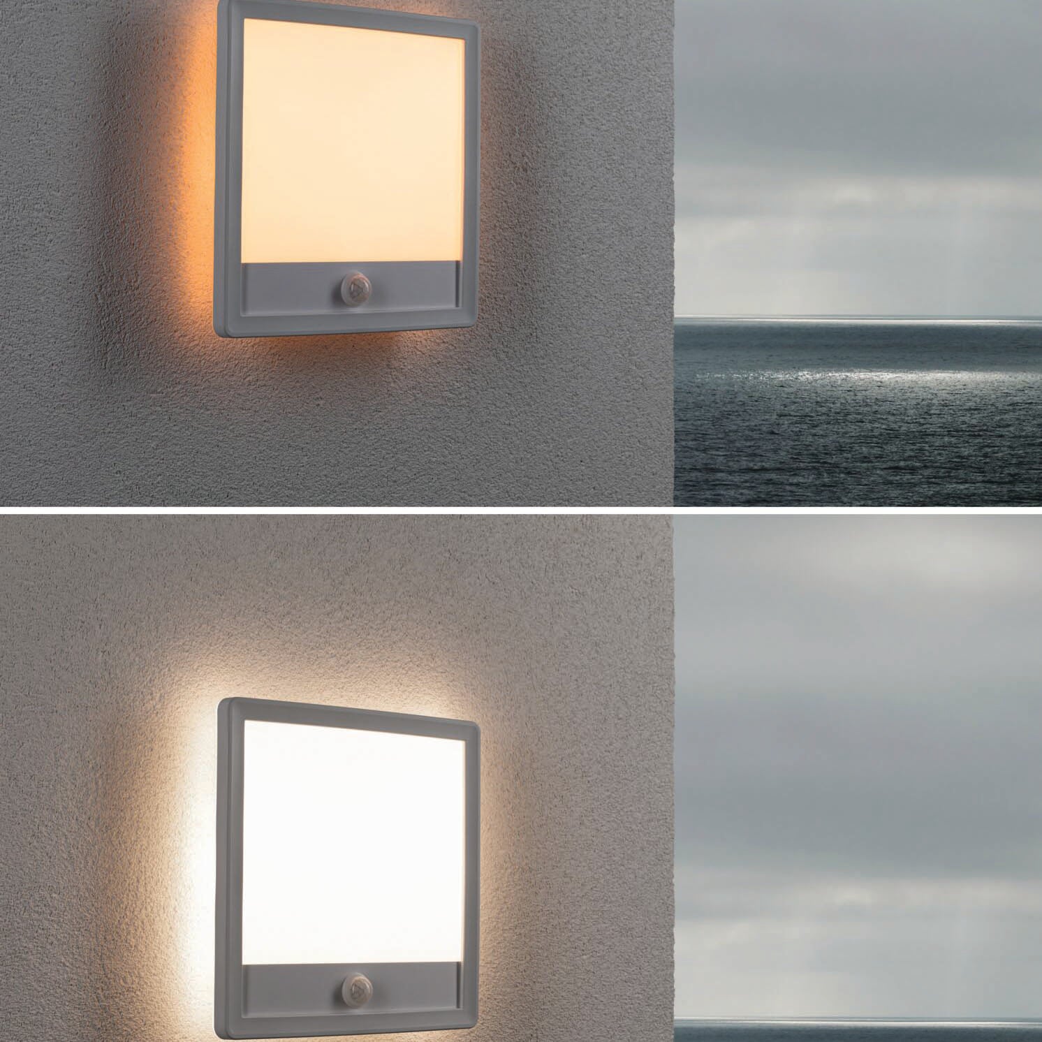 Two images display the Paulmann Outdoor Lamina Insect Friendly 16W LED Backlit Square Tunable Wall Lights, featuring various brightness settings and discreet motion sensors for enhanced functionality, set against a serene sea scene.
