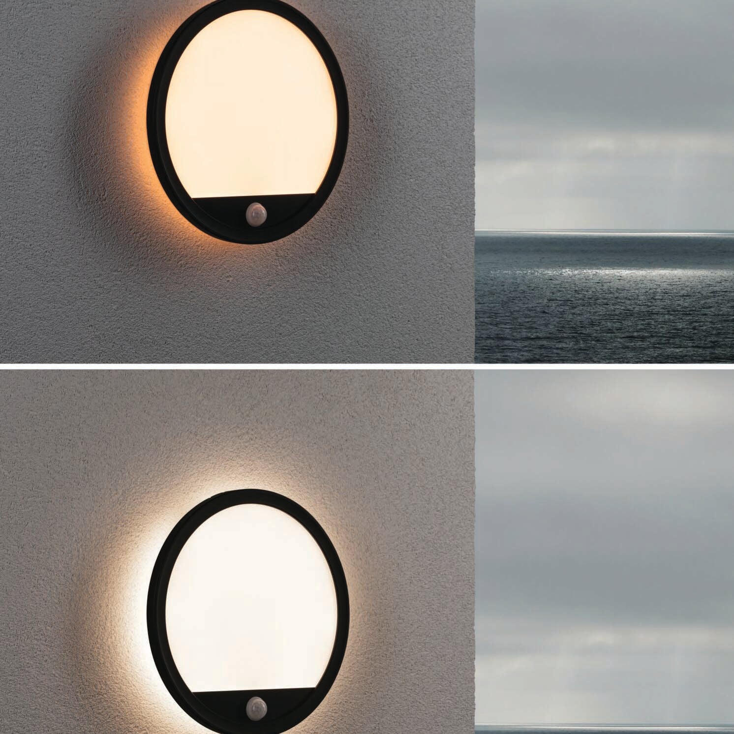 The Paulmann Outdoor Lamina Insect Friendly 16W LED Backlit Round Tunable Wall Light with Motion Detection in Black is mounted on a white wall overlooking an ocean view, elegantly illuminating both day and night. This versatile outdoor light integrates effortlessly into its environment, providing style and function.