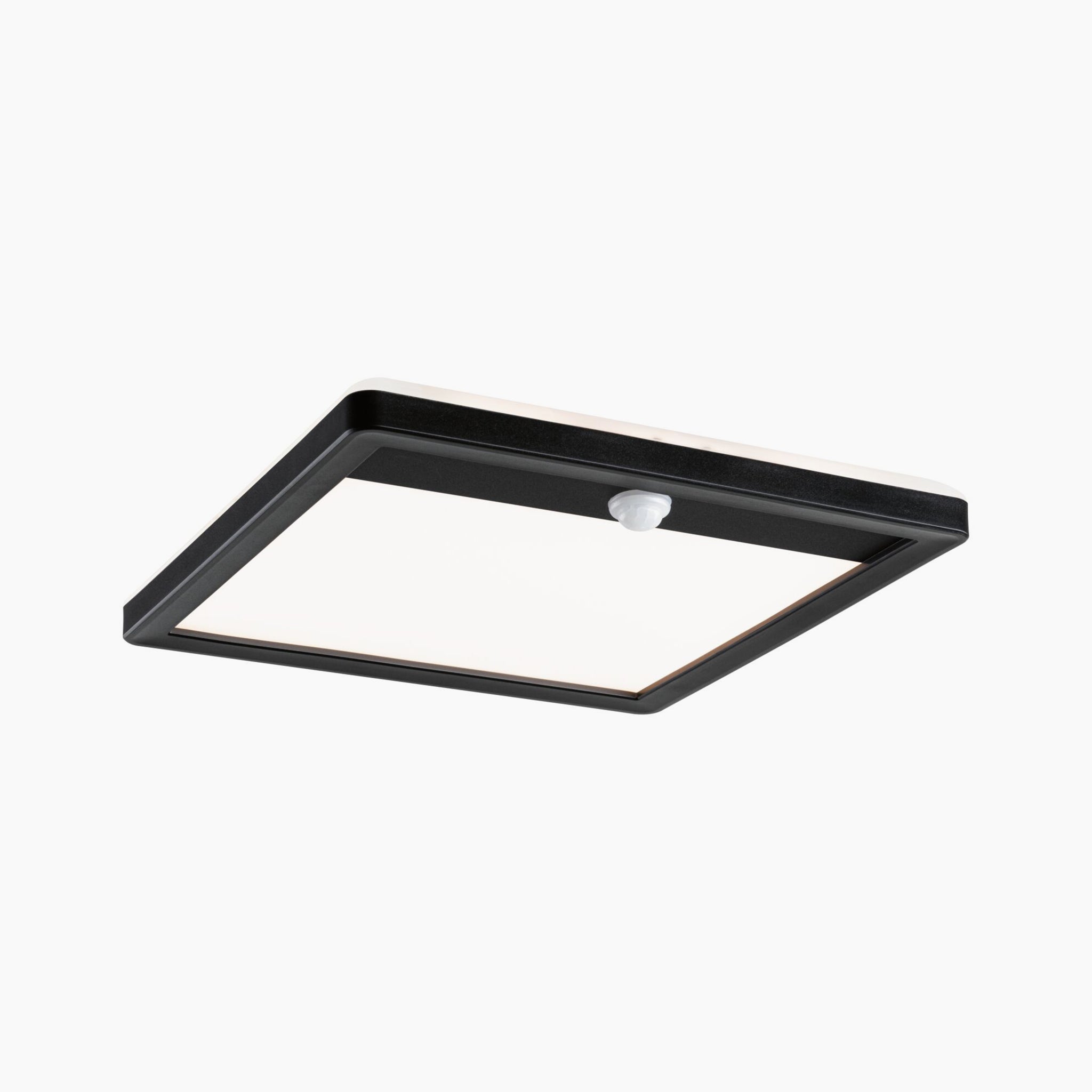 The Paulmann - Outdoor Lamina Insect Friendly 16W LED Backlit Square features a tunable warm light and motion detection, making it ideal as an outdoor ceiling light fixture in black.