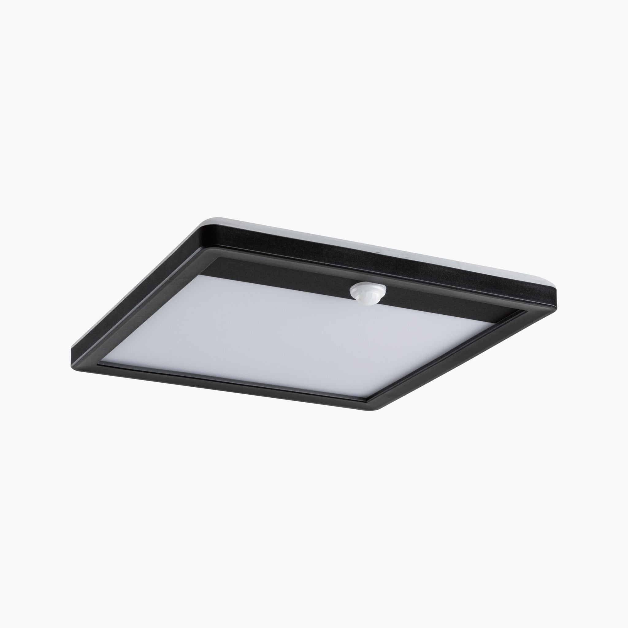 Square LED ceiling light fixture by Paulmann, featuring a backlit design in black with motion detection, designed for outdoor use.