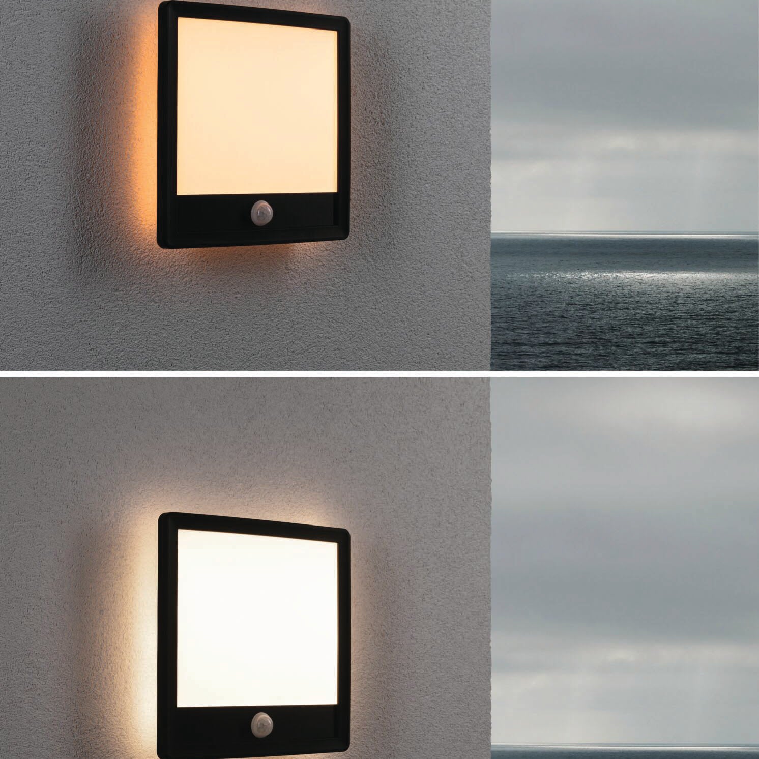 A Paulmann Outdoor Lamina Insect Friendly 16W LED Backlit Square Tunable Warm Light in black adds a warm white ambiance next to an ocean view, softly illuminating in the top image and brightly activating with motion detection in the bottom image.
