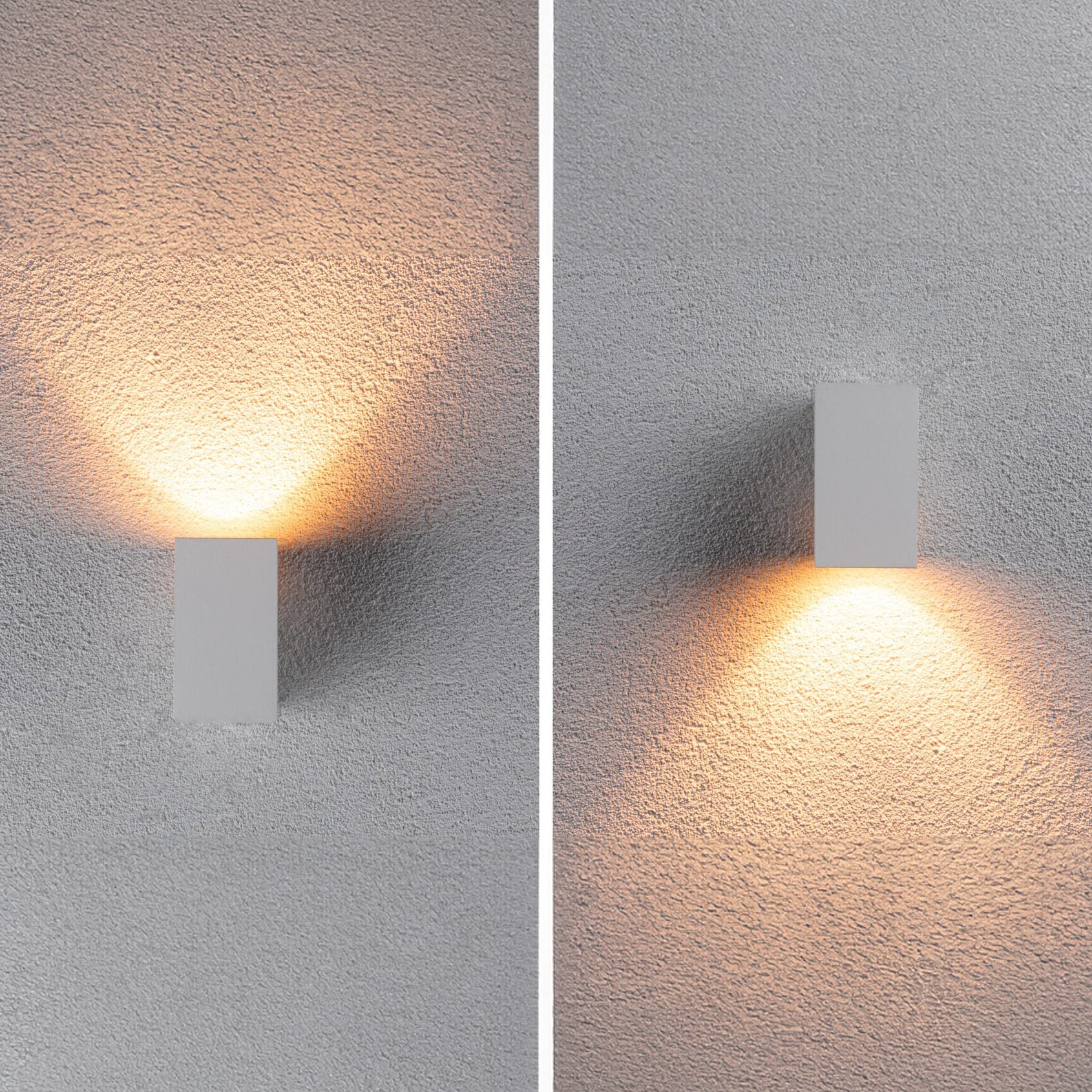 The two Paulmann - Outdoor Flame Insect Friendly 5.2W LED Single Output Wall Lights in White cast warm, upward and downward light patterns on the textured gray walls, showcasing efficient LED technology that is also considerate of insects.