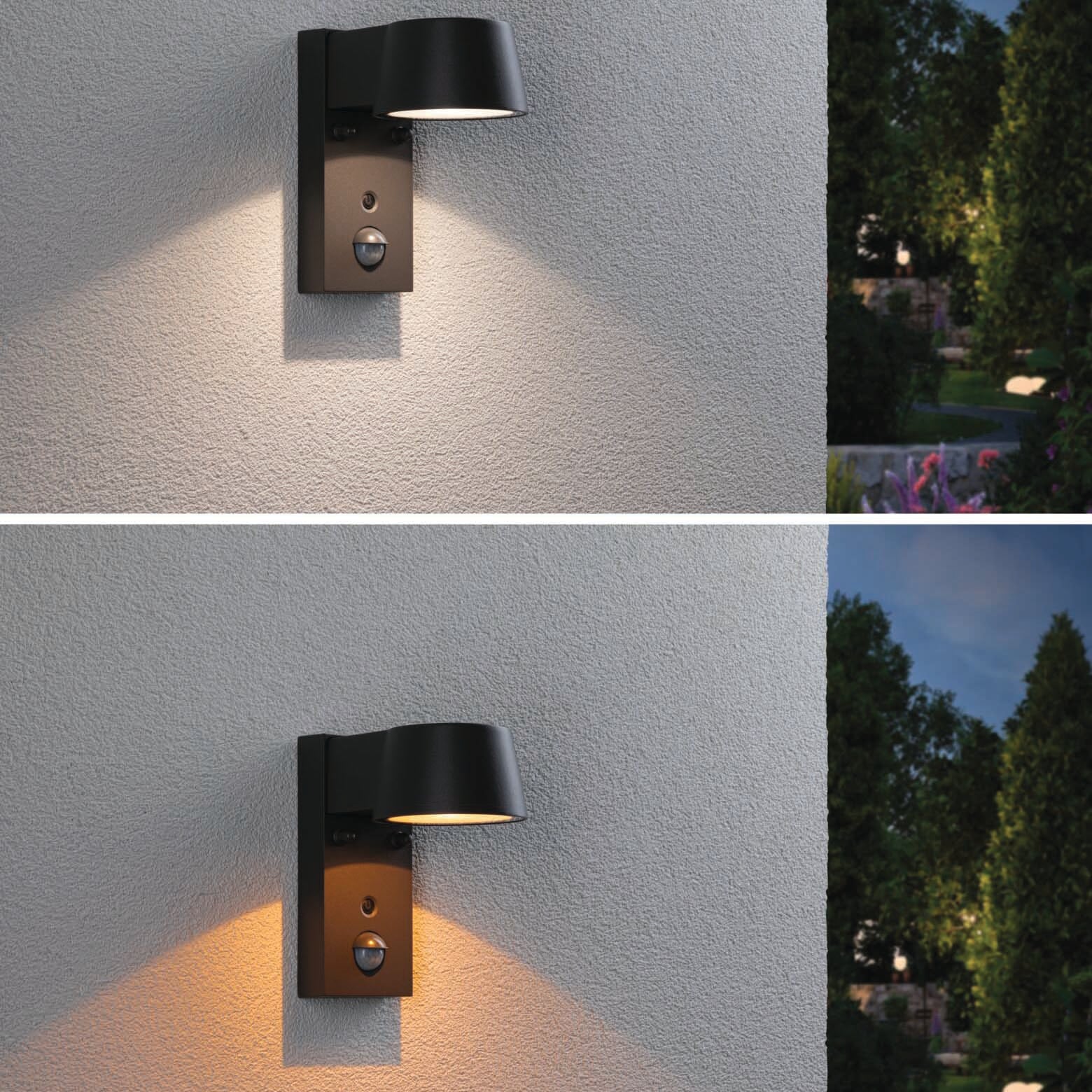 The Paulmann - Outdoor Capea 8W LED Wall Light with Motion Detection and Insect Friendly Lumination in Anthracite is displayed in daylight and emits a beautiful glow at night, designed to provide efficient lighting without attracting insects.