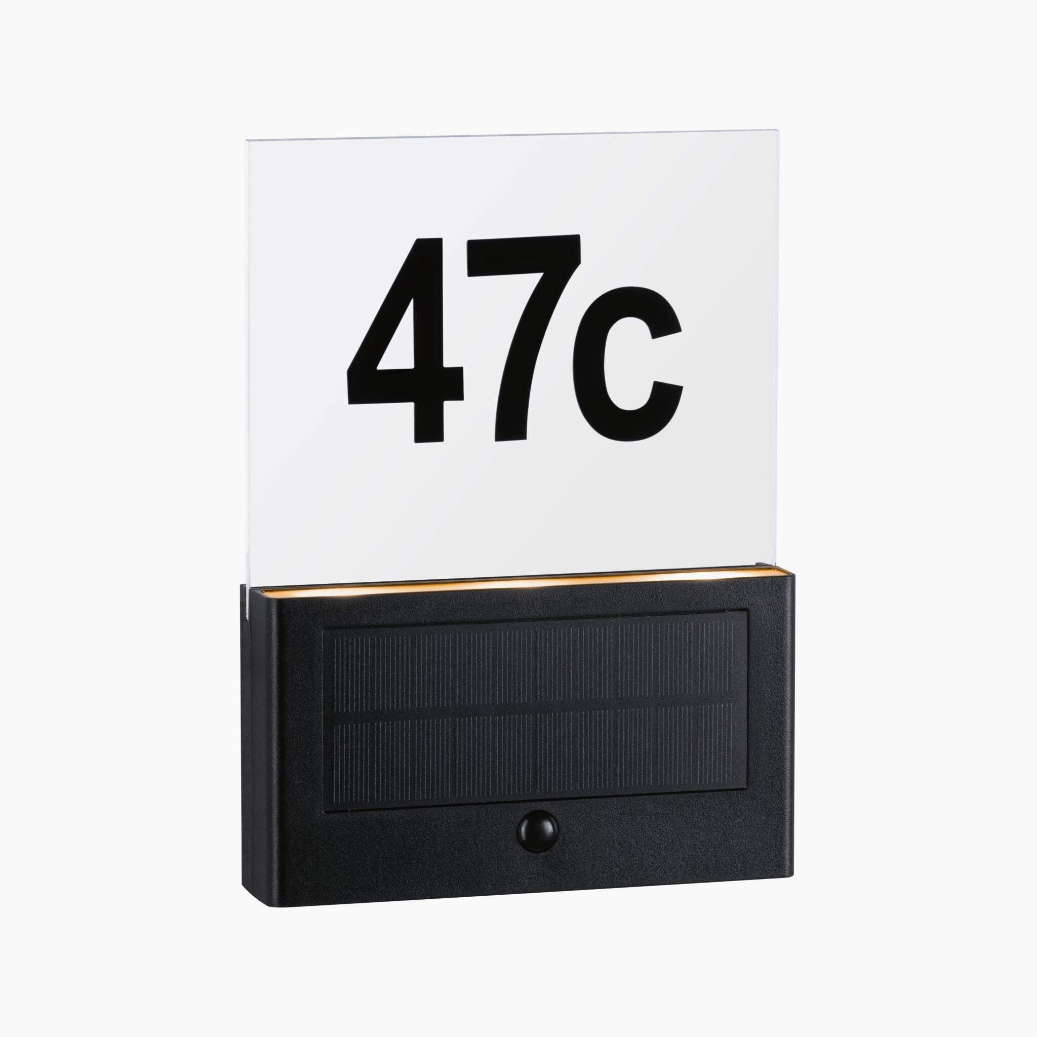 A sign featuring the Paulmann Outdoor Neda Solar House Number 1W LED with Motion Detection, characterized by its insect-friendly lumination and equipped with a solar panel beneath it, appears on a white background, ensuring minimal impact on local ecosystems.