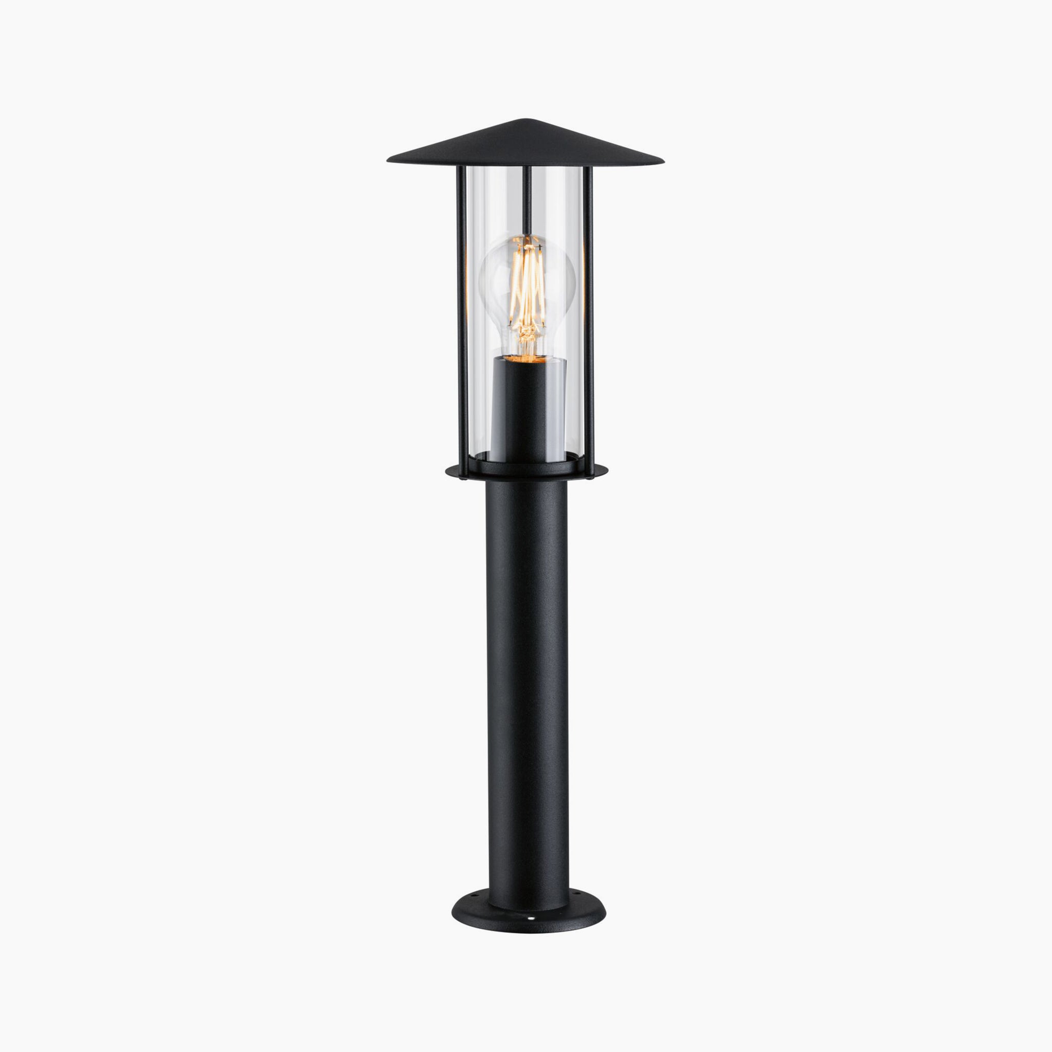 Paulmann Outdoor Classic 15W LED Bollard Light in Black featuring a clear glass casing and visible light bulb on a white background, designed to be an insect-friendly fixture to minimize attraction.