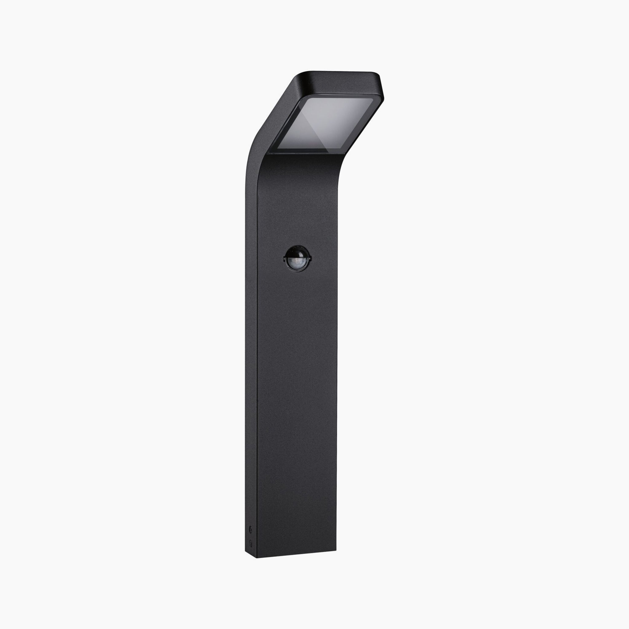 The Paulmann Outdoor Kulma 9W LED bollard light in anthracite features an angular design and rectangular head, enhanced with a built-in motion sensor for added security.