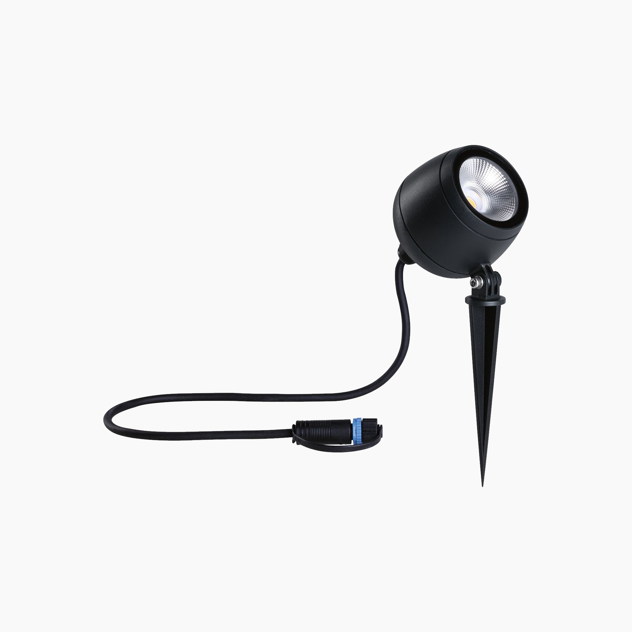 The Paulmann Plug & Shine Outdoor Kikolo 7.2W LED 60-degree garden spotlight in anthracite comes with a ground stake and attached power cord, providing easy installation for outdoor lighting. It emits a warm white light that beautifully enhances any landscape.