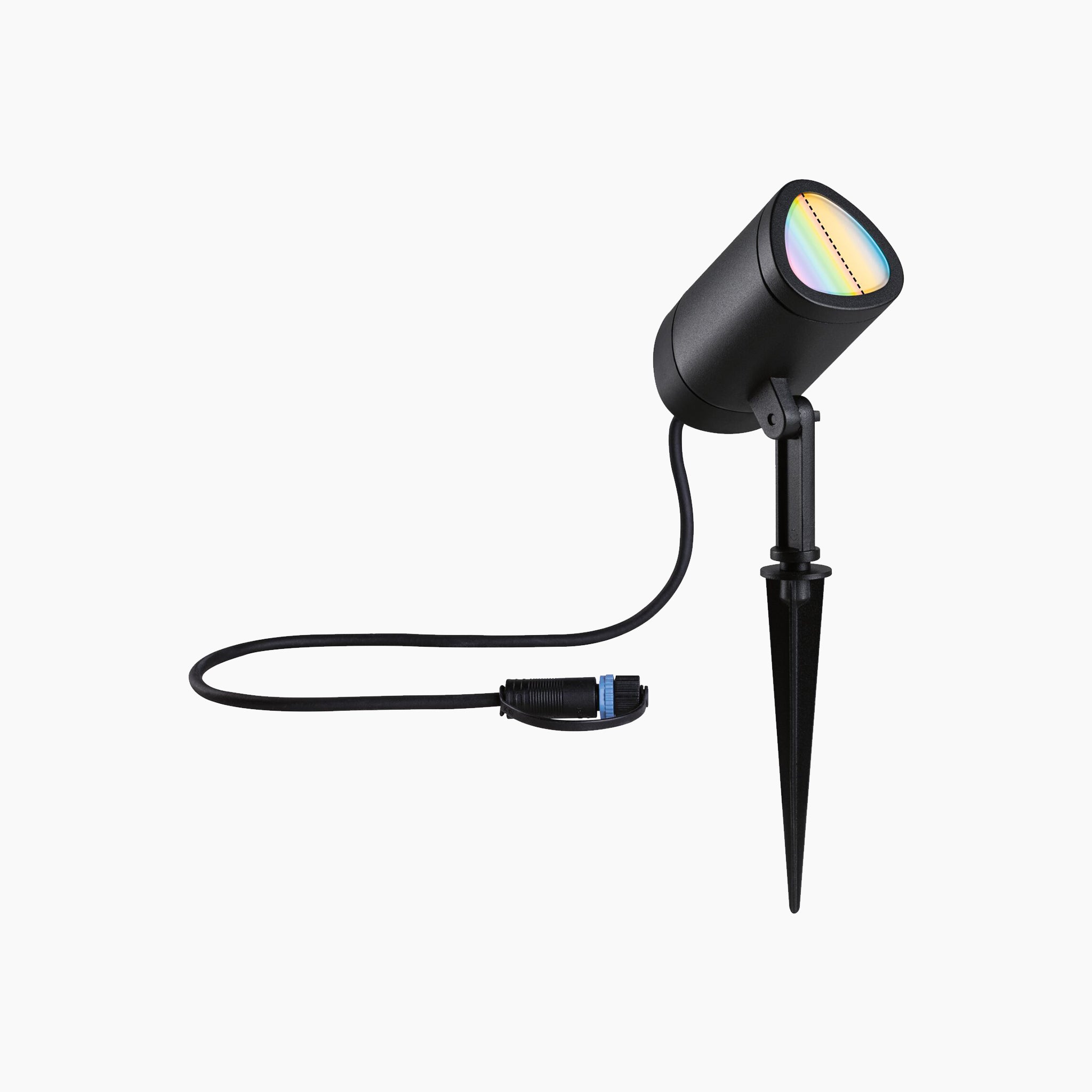 The Paulmann - Plug & Shine Outdoor 6.5W LED Garden Spotlight in Anthracite is perfect for your garden, featuring a rainbow-colored lens and a ground stake. With Zigbee 3.0 compatibility, it ensures seamless integration, while the RGBW colour change feature adds vibrant hues to your outdoor space, all connected by a durable power cable.