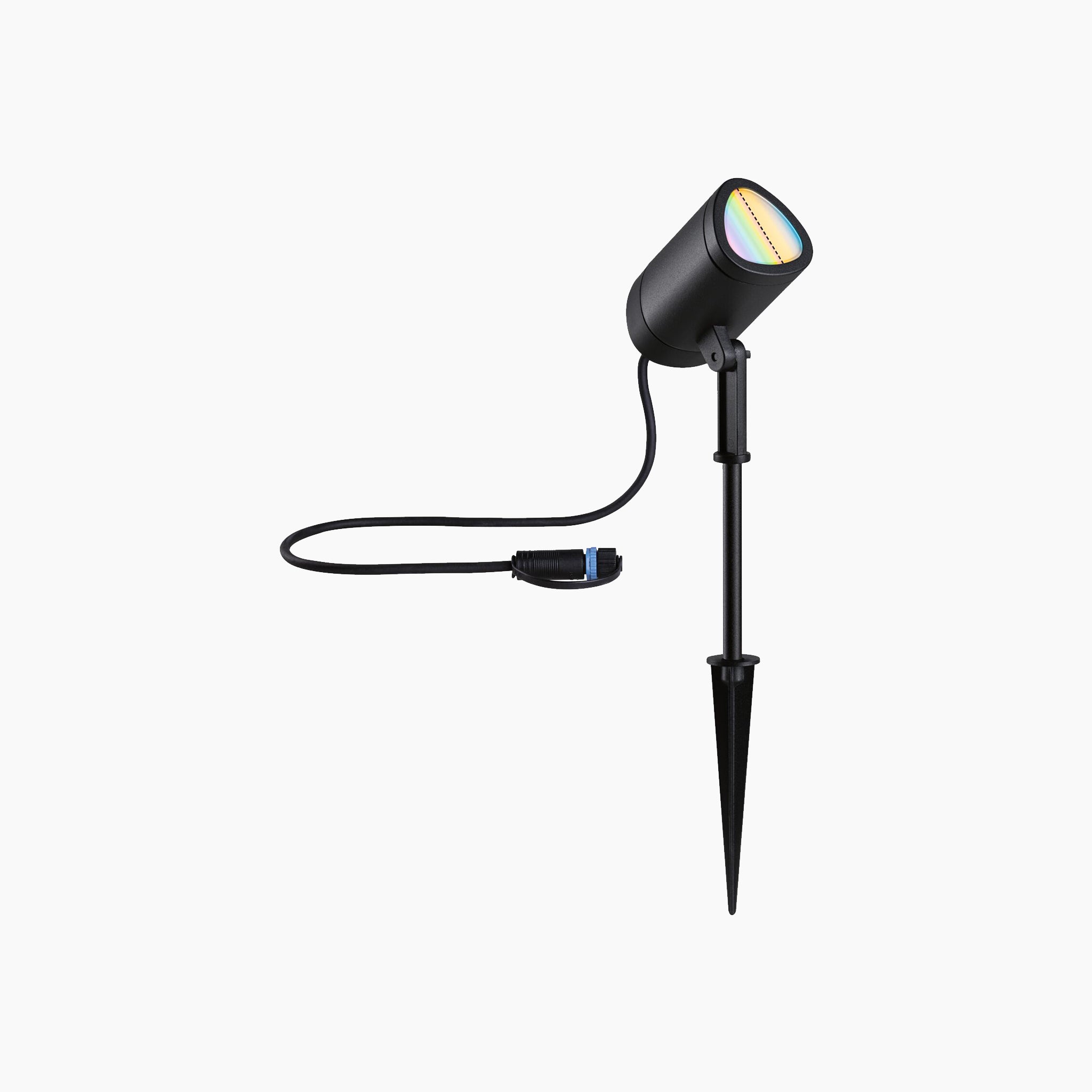 The Paulmann - Plug & Shine Outdoor 6.5W LED Garden Spotlight with Smart Home Zigbee 3.0 in Anthracite is a weather-resistant spotlight featuring a stake and a rainbow-tinted cover, providing RGBW color change for vibrant illumination. Its attached power cord allows it to effortlessly enhance your outdoor space.