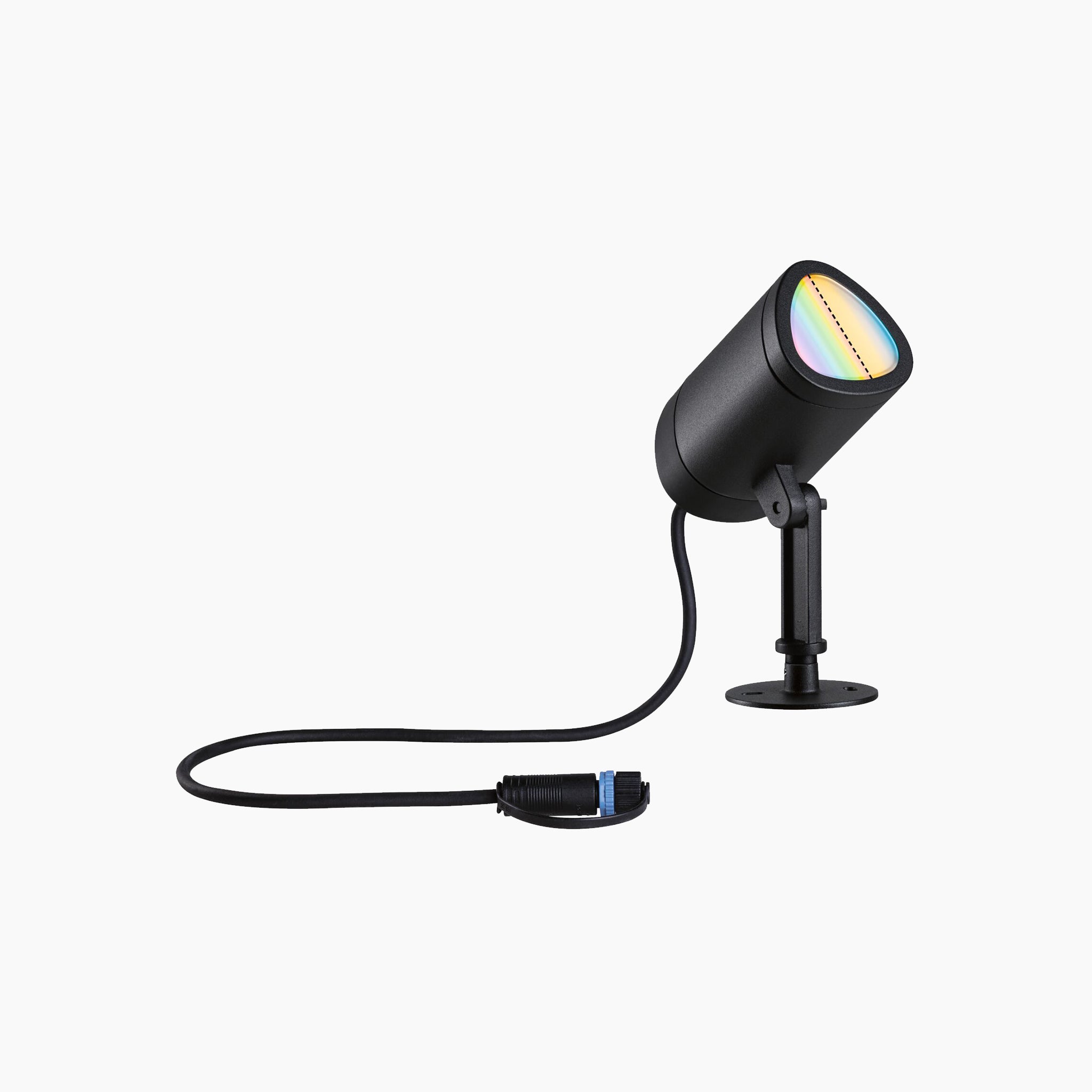 Paulmann Plug & Shine Outdoor 6.5W LED Garden Spotlight in Anthracite with Smart Home Zigbee 3.0 technology on a white background, featuring adjustable RGBW color change for dynamic lighting effects and an attached cable.